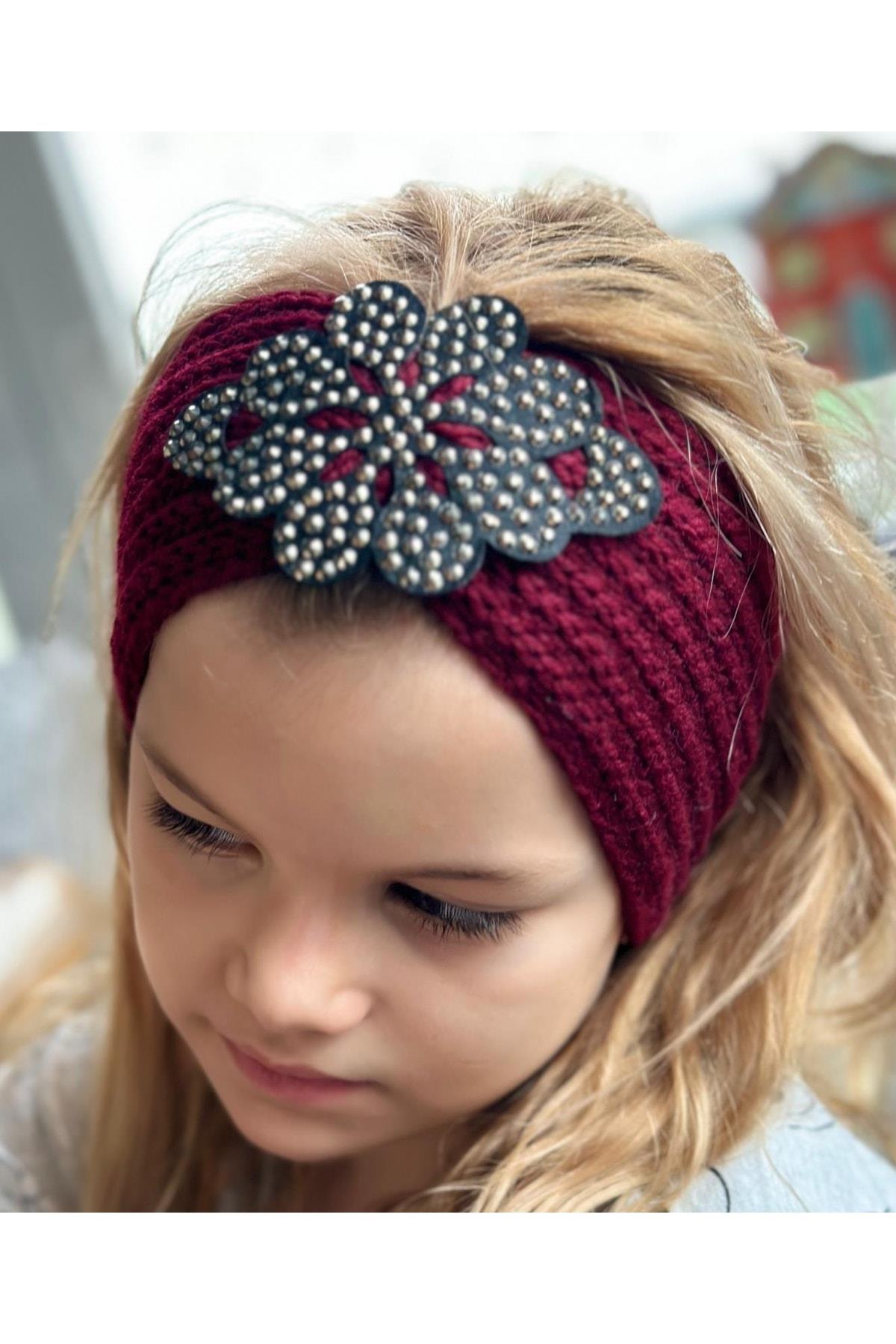 Trend Moda Lüks Kadın Çocuk Örgü Örme Zımba Taş Broş Logolu Bandana Saç Bantı Kulaklık Vişne Bordo
