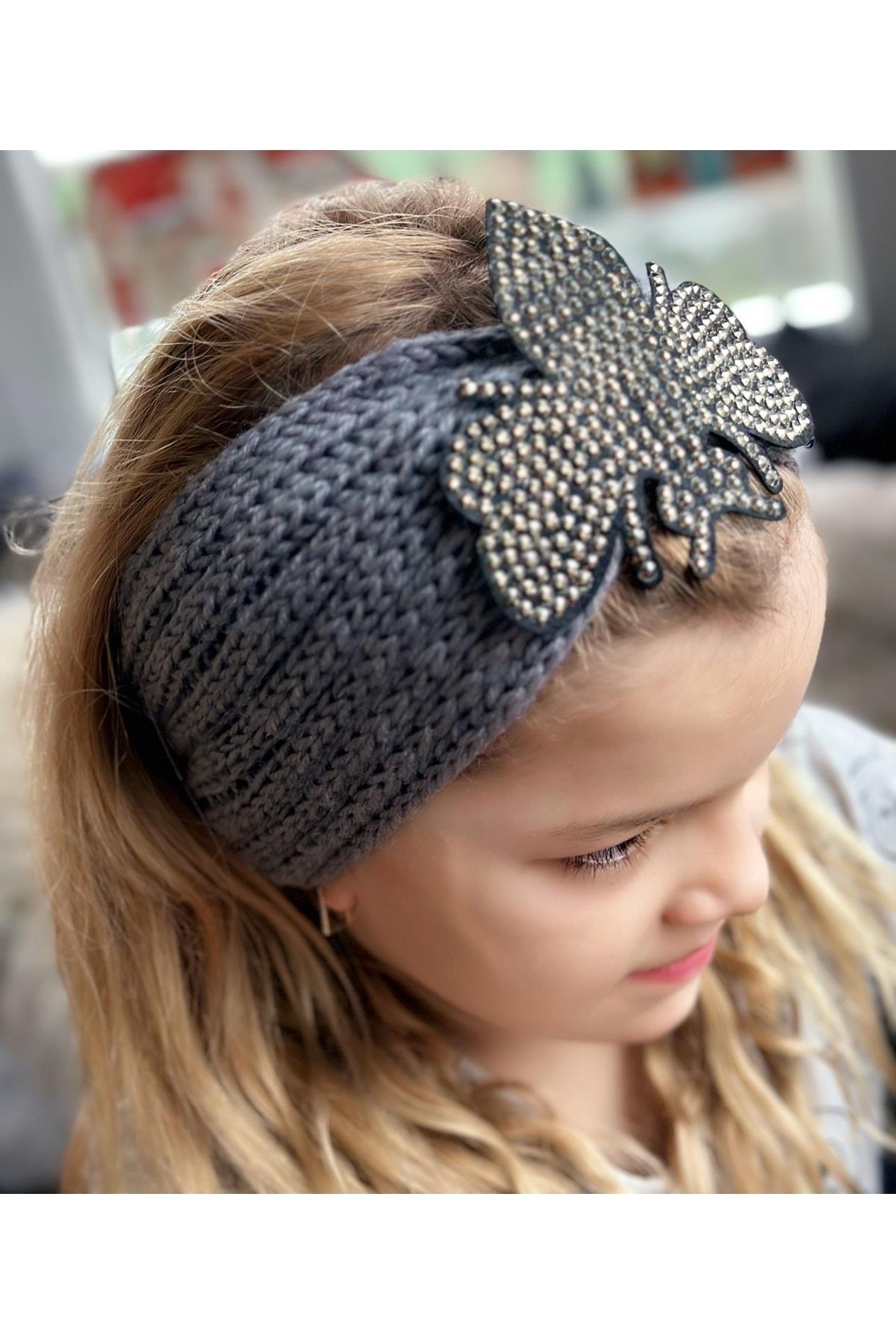 Trend Moda Lüks Kadın Çocuk Örgü Örme Zımba Taş Broş Logolu Bandana Saç Bantı Kulaklık Gri Arı Sinek
