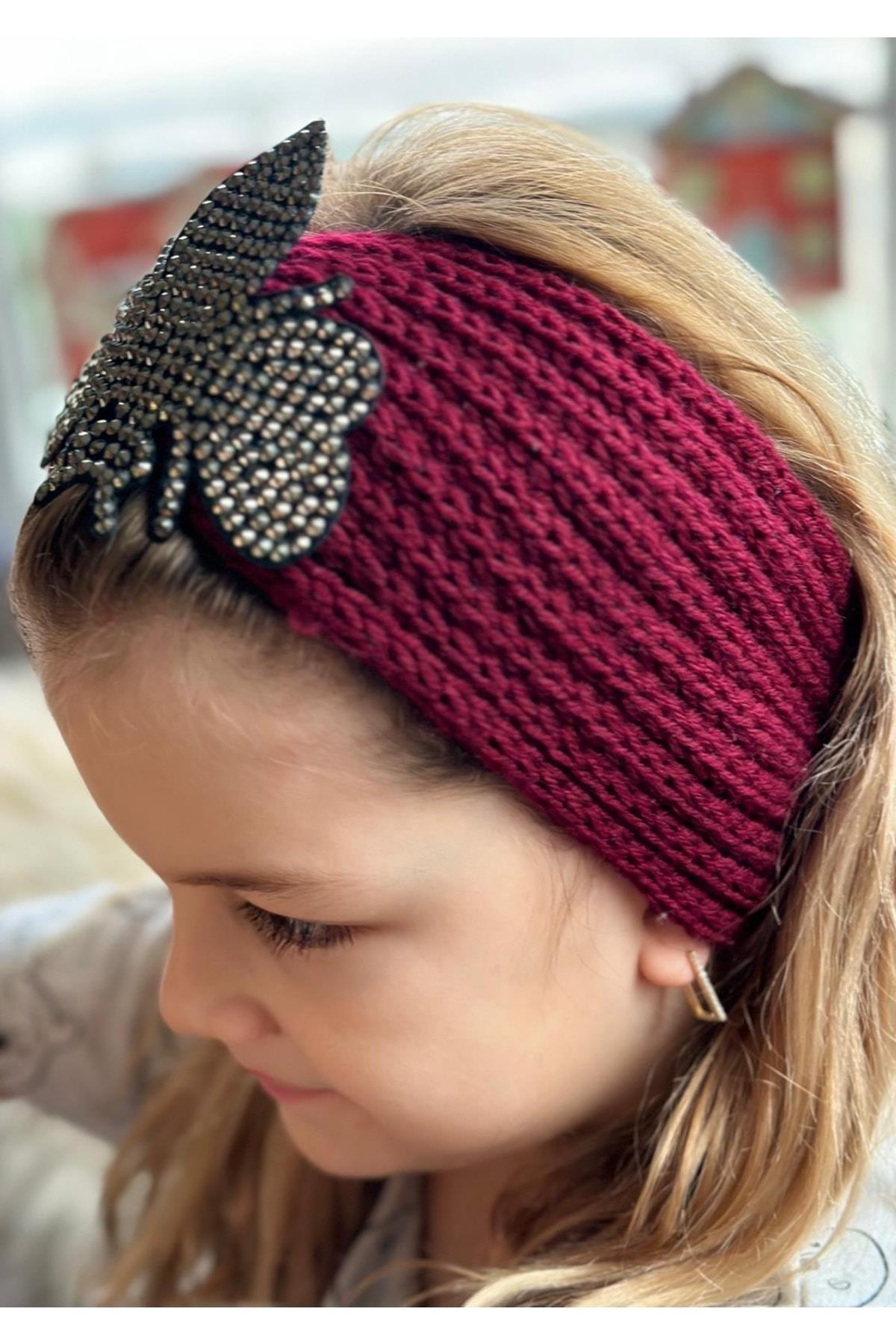 Trend Moda Lüks Kadın Çocuk Örgü Örme Zımba Taş Broş Logolu Bandana Saç Bantı Kulaklık Vişne Bordo
