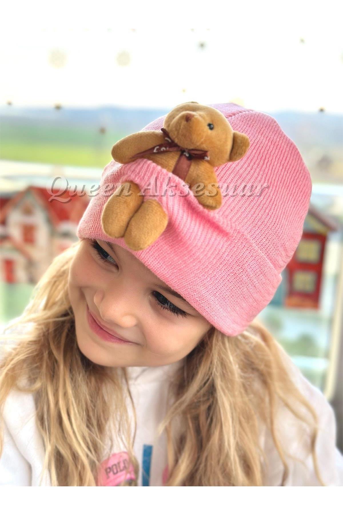 Trend Moda Özel Tasarım Sevimli Büyük Peluş Ayıcıklı Erkek Kız Unisex Çocuk Şapkası Pembe Şapka