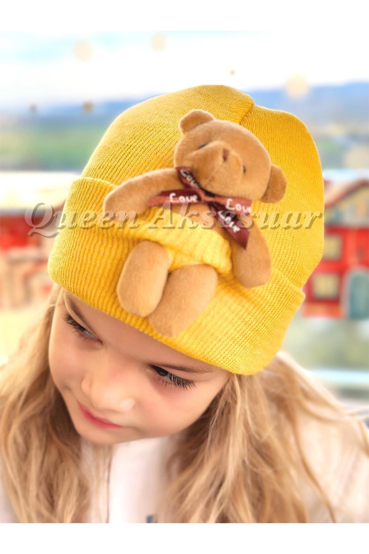 Trend Moda Özel Tasarım Sevimli Peluş Ayıcıklı Yetişkin Erkek Kız Unisex Çocuk Şapkası Sarı Şapka