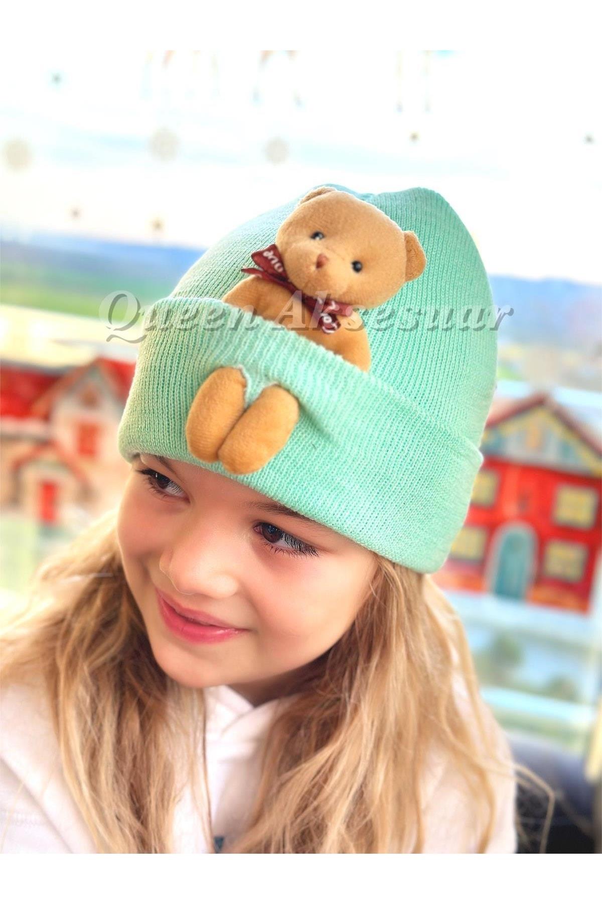 Trend Moda Özel Tasarım Sevimli Peluş Ayıcıklı Yetişkin Erkek Kız Unisex Çocuk Şapkası Suyeşil Şapka