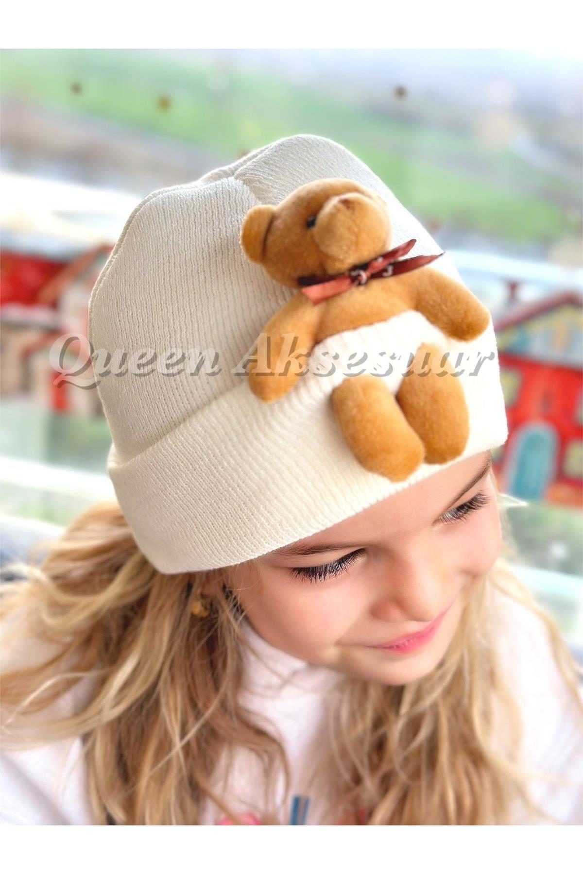 Trend Moda Özel Tasarım Sevimli Peluş Ayıcıklı Erkek Kız Unisex Çocuk Şapkası Krem Rengi Ekru Şapka