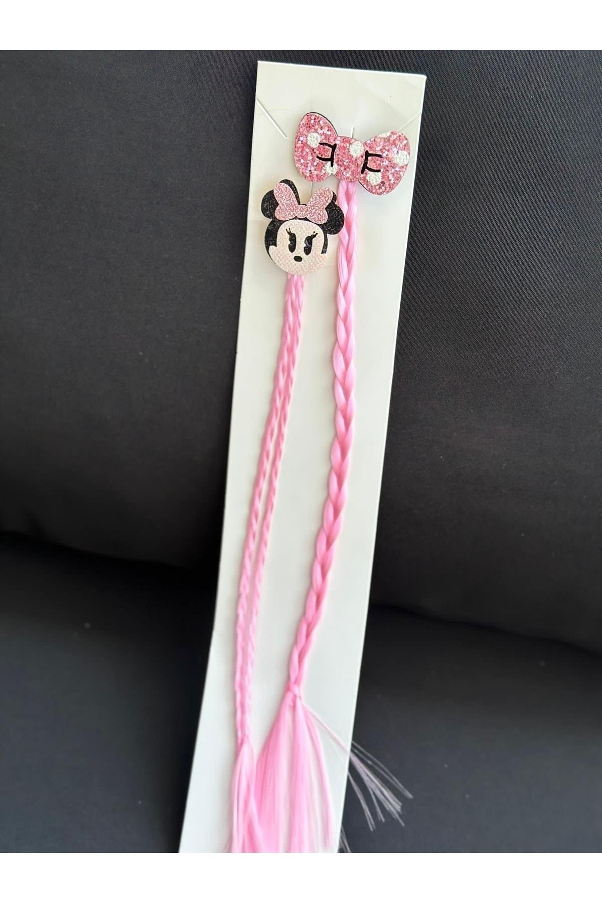 Trend moda pensli postiş saç örgü 2li toka simli fiyonk minnie mouse fare pembe