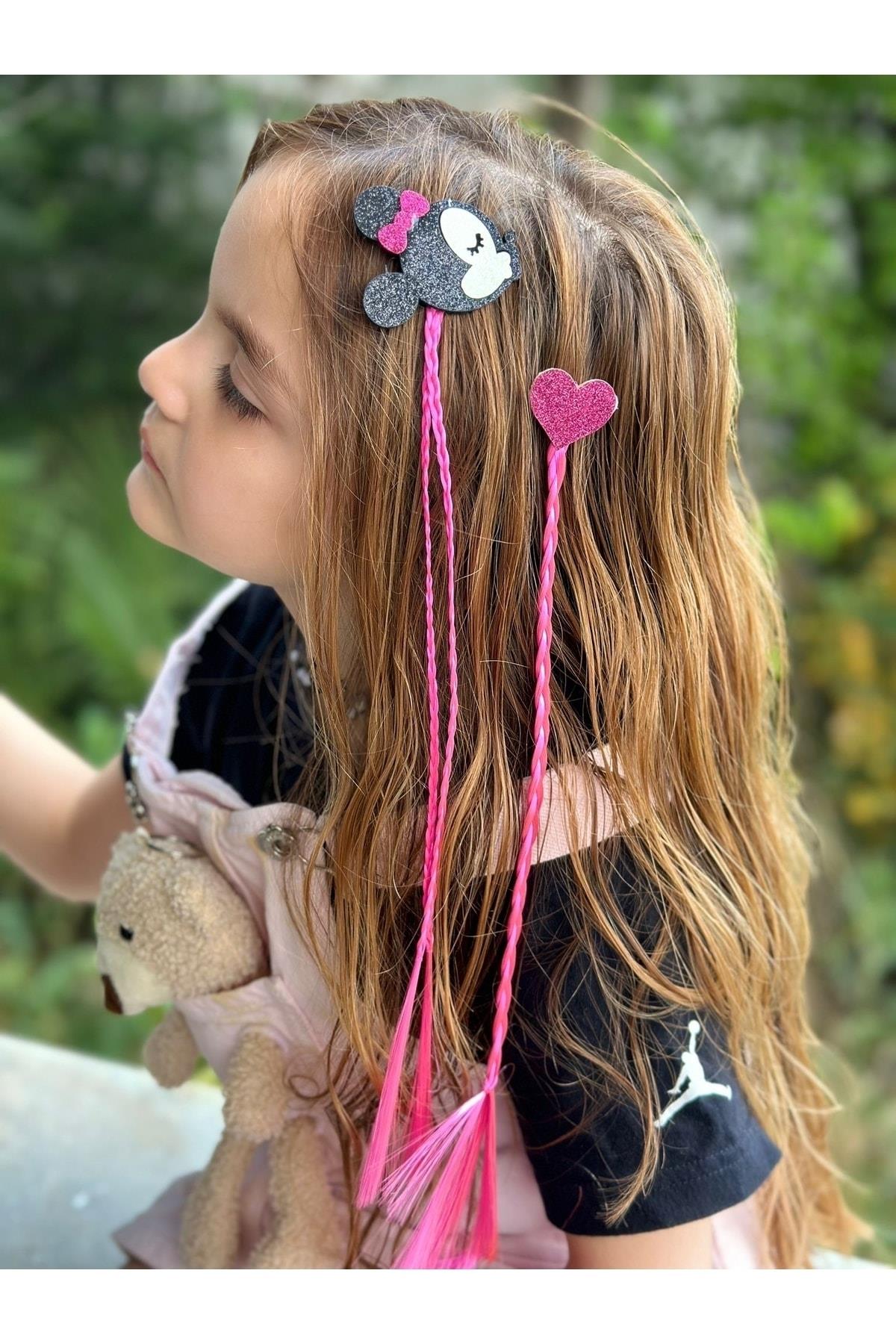 Trend moda pensli postiş saç örgü 2li toka simli kalpli Minnie mouse fare fuşya