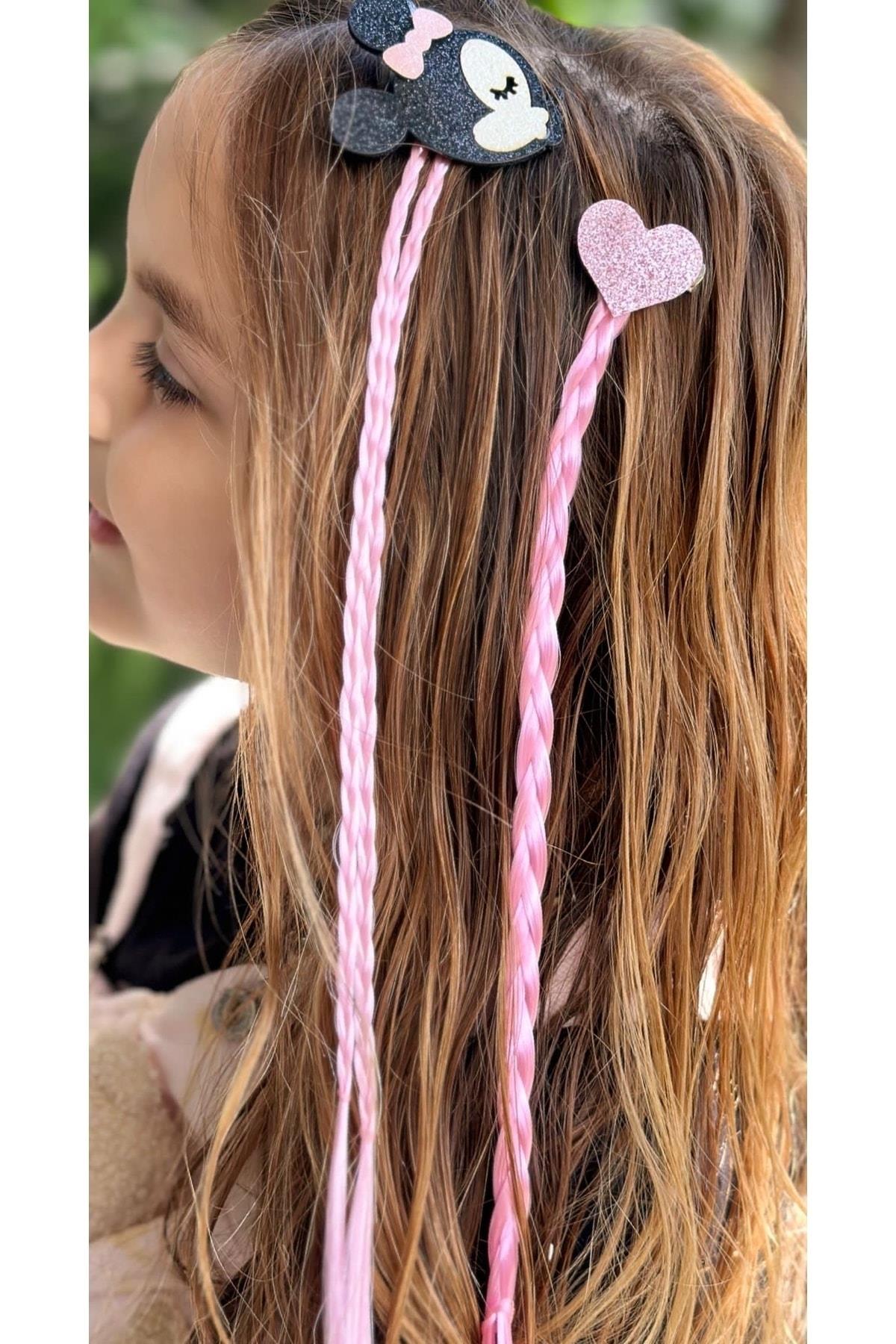 Trend moda pensli postiş saç örgü 2li toka simli kalpli Minnie mouse fare pembe