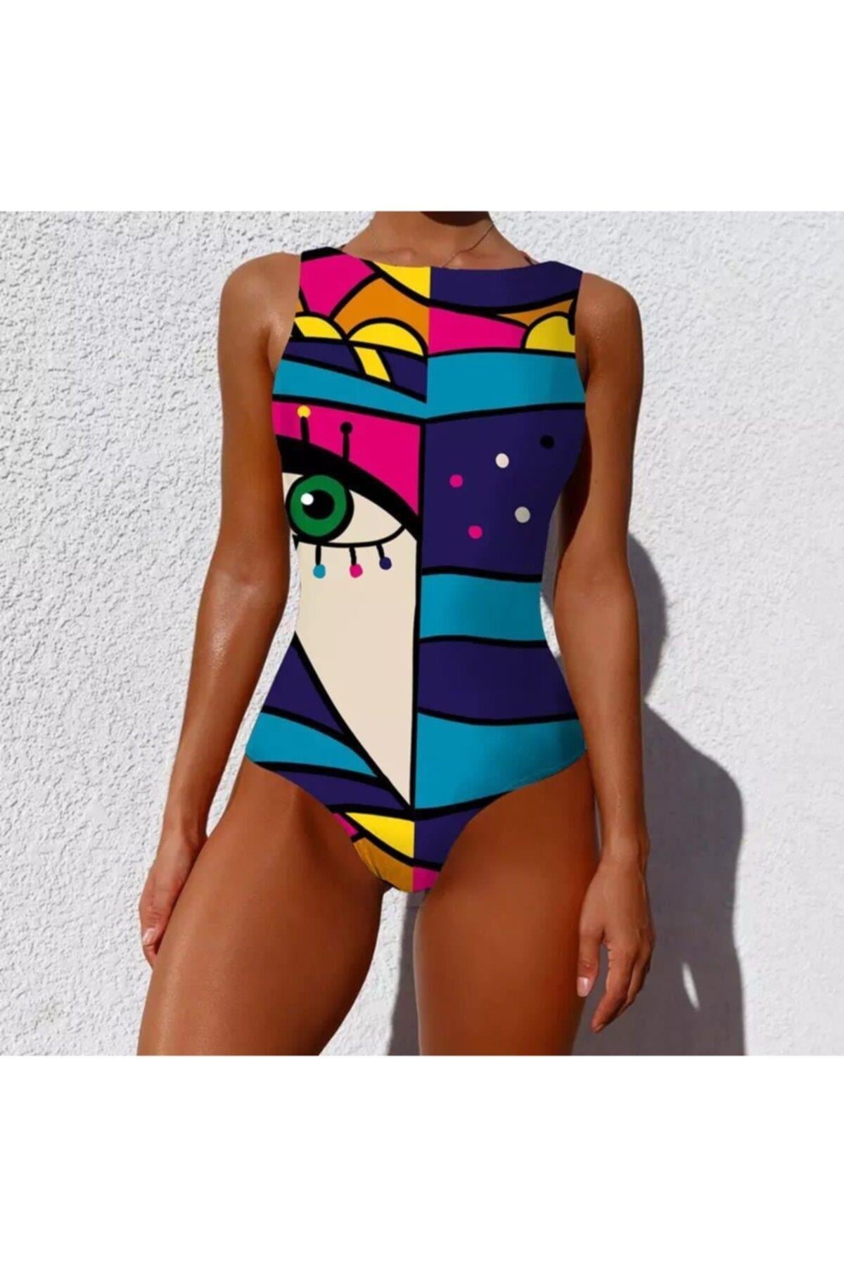 Trend Moda Pop Art Tarz Göz Baskılı Vintage Kadın Mayo