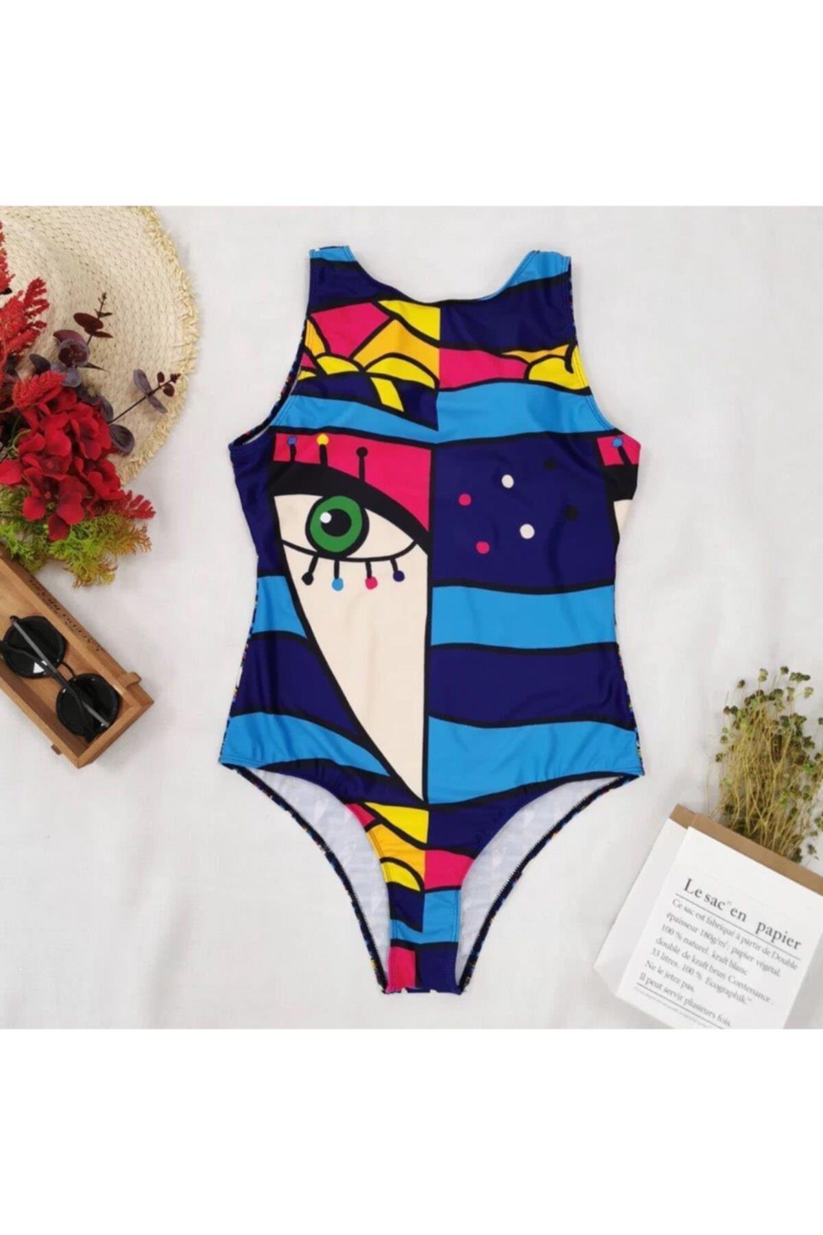 Trend Moda Pop Art Tarz Göz Baskılı Vintage Kadın Mayo