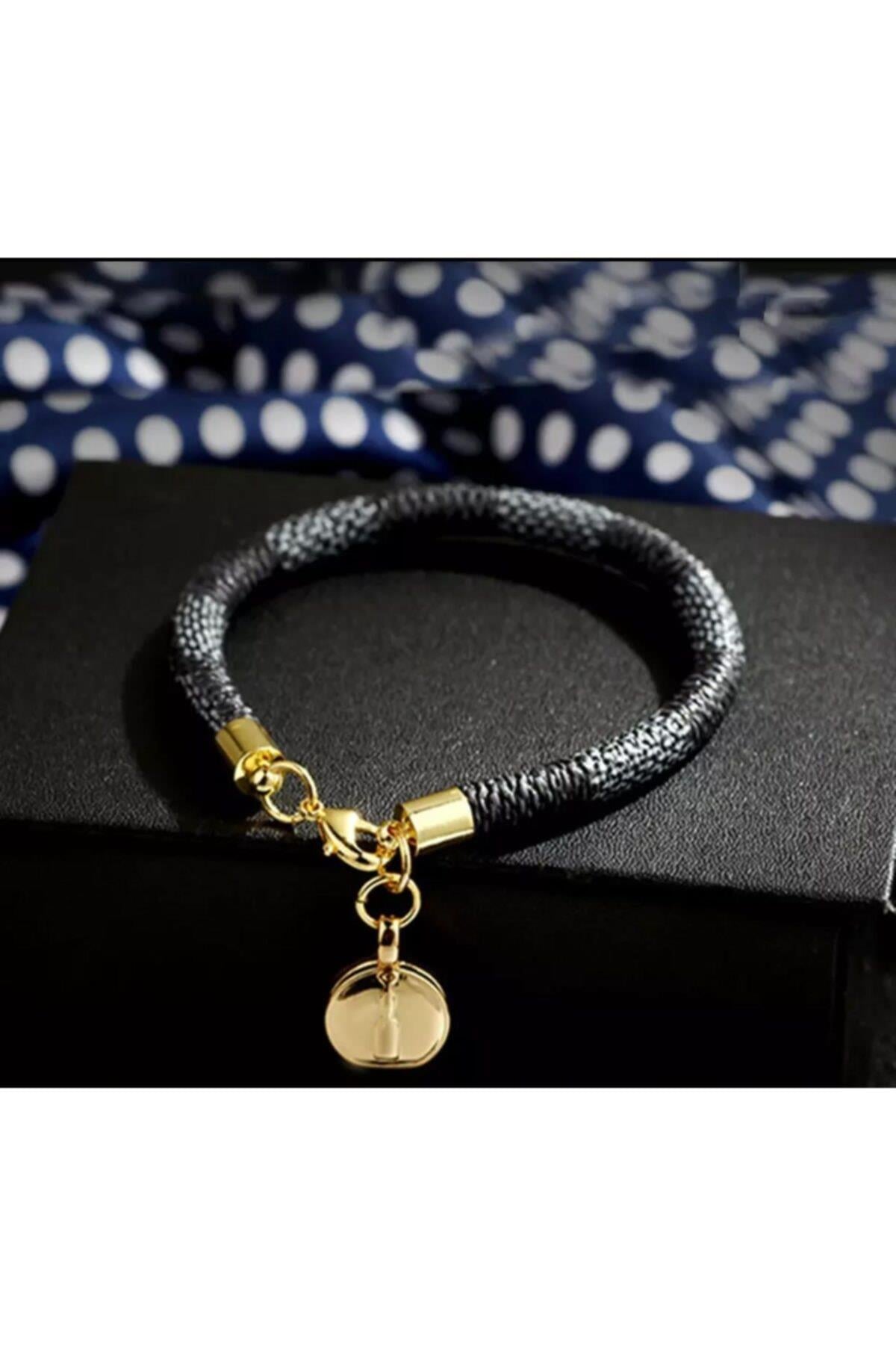 Trend Moda Siyah Deri Kayışlı Gold Altın Kilitli Bileklik