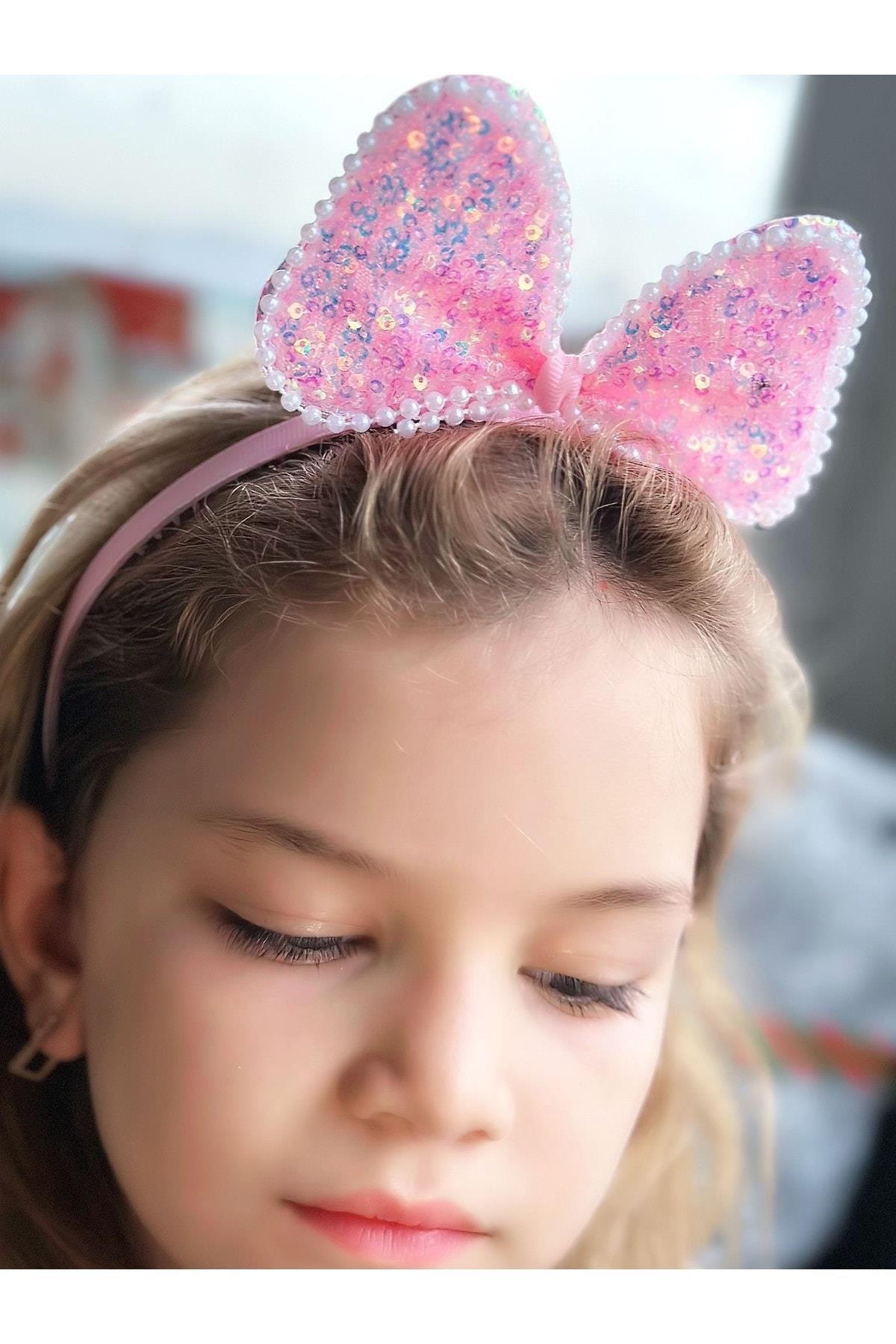 Trend Parlak Hologram Yanar Döner Pullu Büyük Fiyonklu Incili Minnie Mouse Taç Pembe