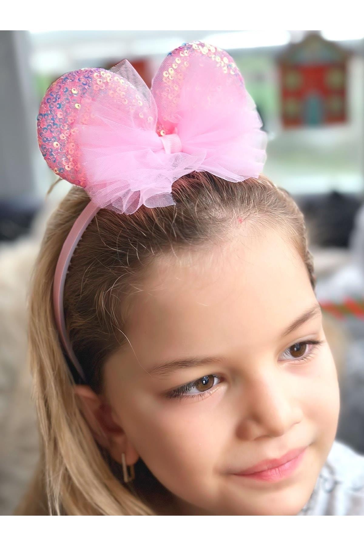 Trend Parlak Hologram Yanar Döner Pullu Tüllü Büyük Fiyonklu Minnie Mouse Taç Pembe