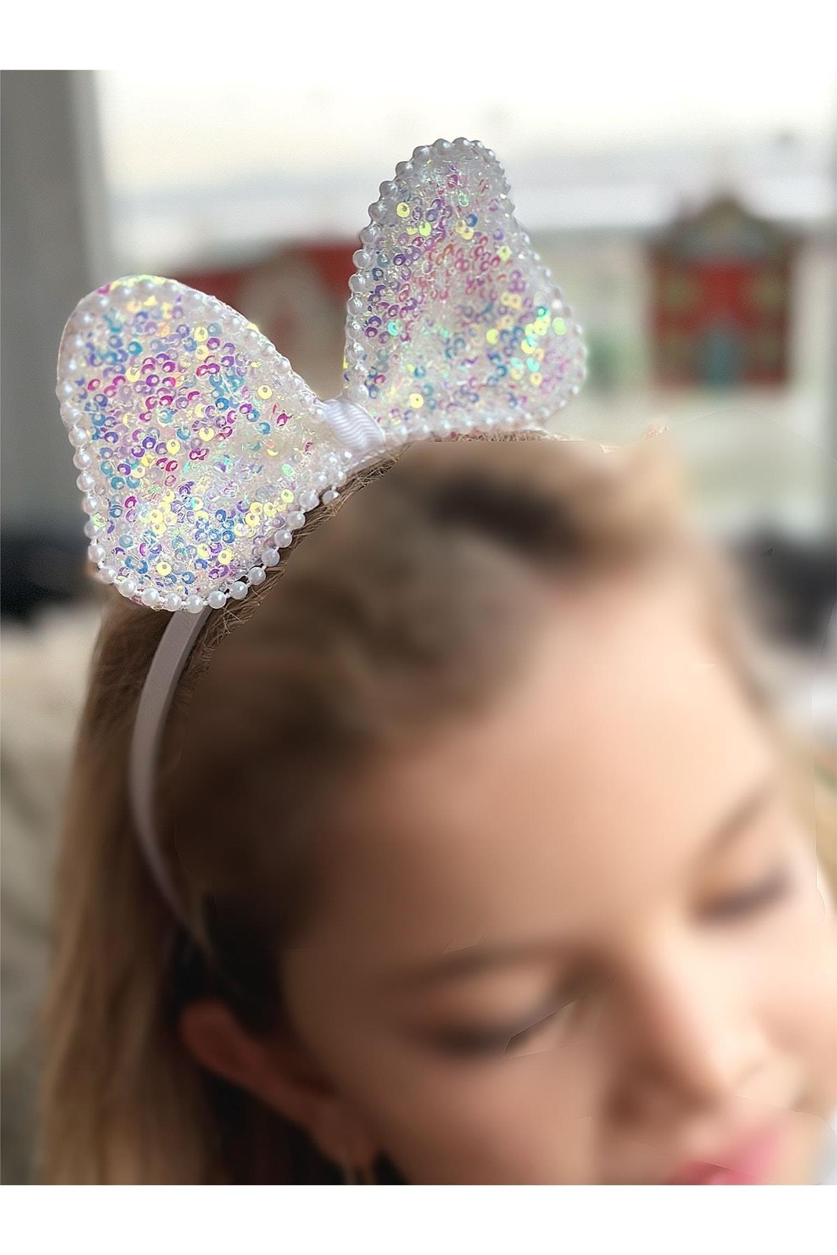 Trend Parlak Hologram Yanar Döner Pullu Büyük Fiyonklu Incili Minnie Mouse Taç Beyaz