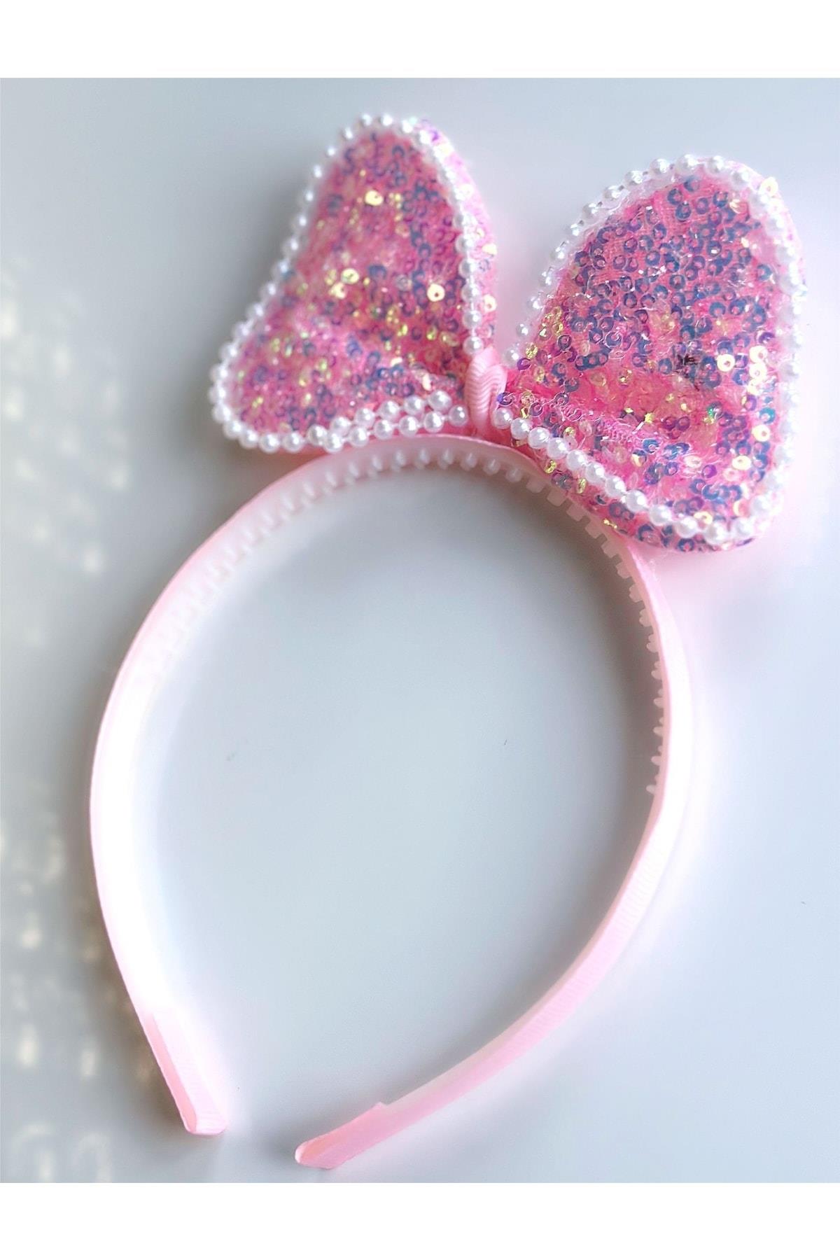 Trend Parlak Hologram Yanar Döner Pullu Büyük Fiyonklu Incili Minnie Mouse Taç Pembe