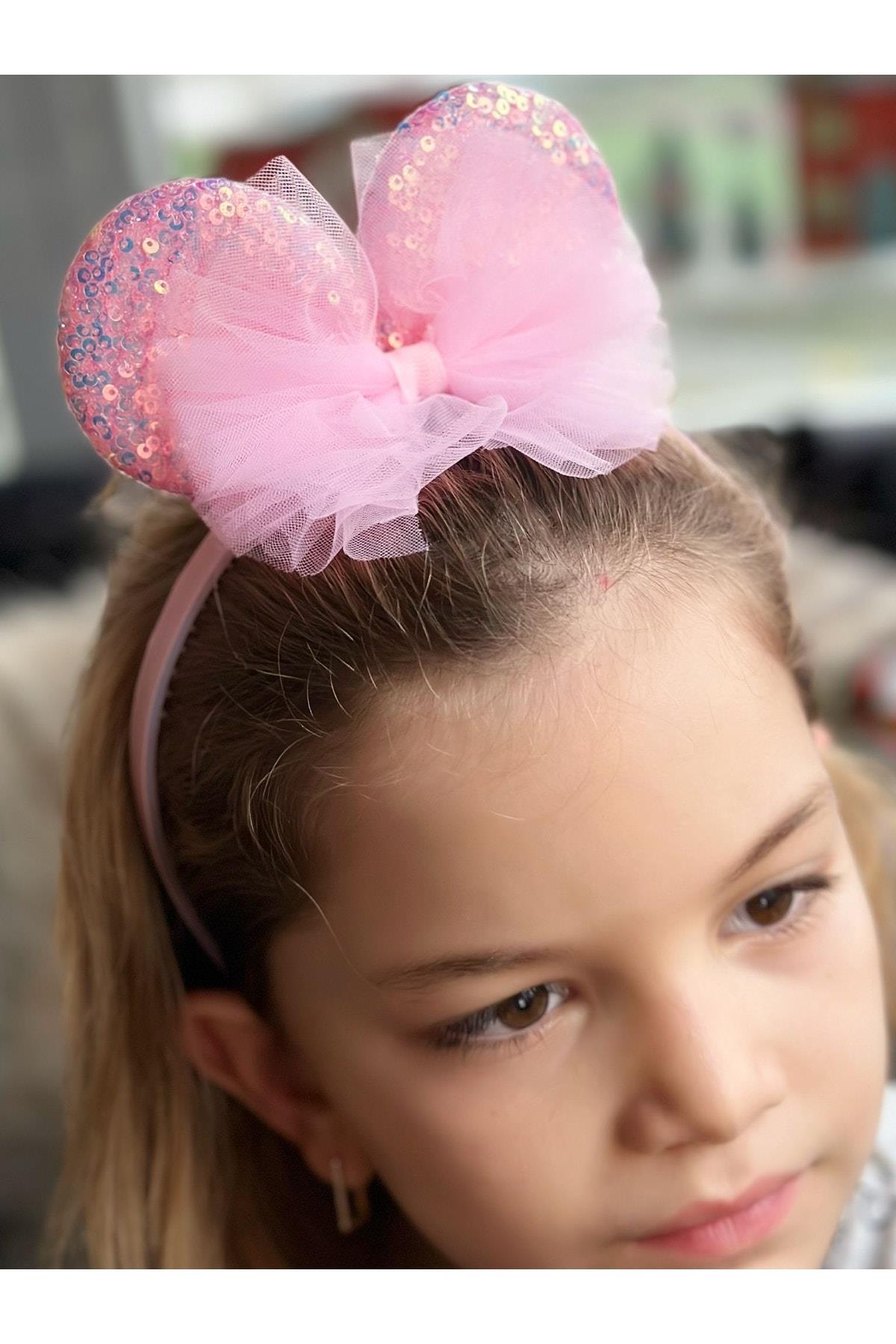 Trend Parlak Hologram Yanar Döner Pullu Tüllü Büyük Fiyonklu Minnie Mouse Taç Pembe