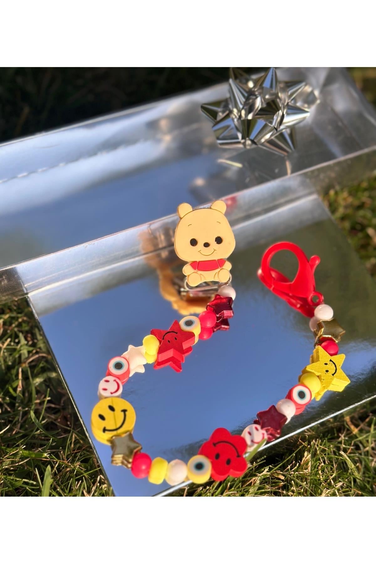 Trend sevimli Ayıcık winnie hediye kutulu erkek kız bebek emzik zinciri askısı sarı nazar boncuklu