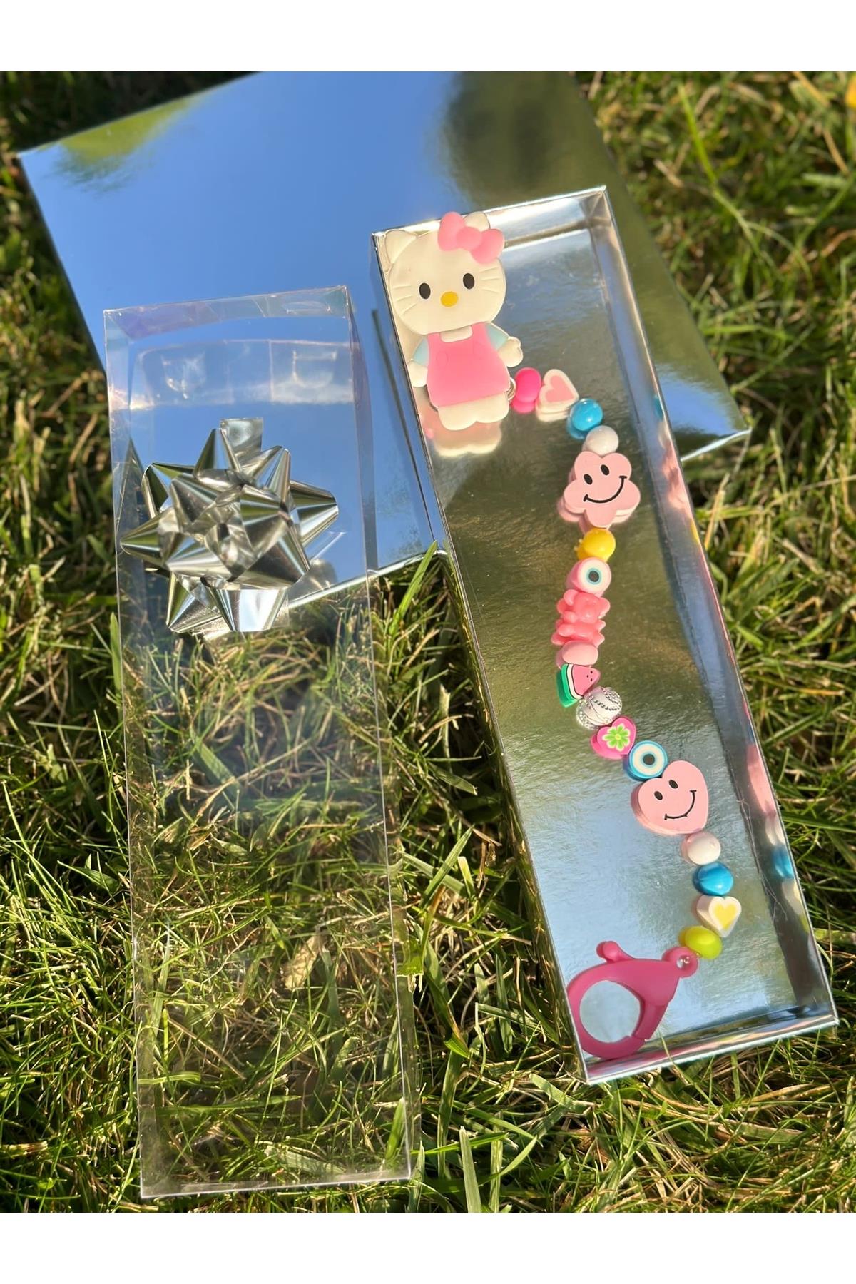 Trend Sevimli Hello Kitty Kedili Hediye Kutulu Kız Bebek Emzik Zinciri Askısı Pembe