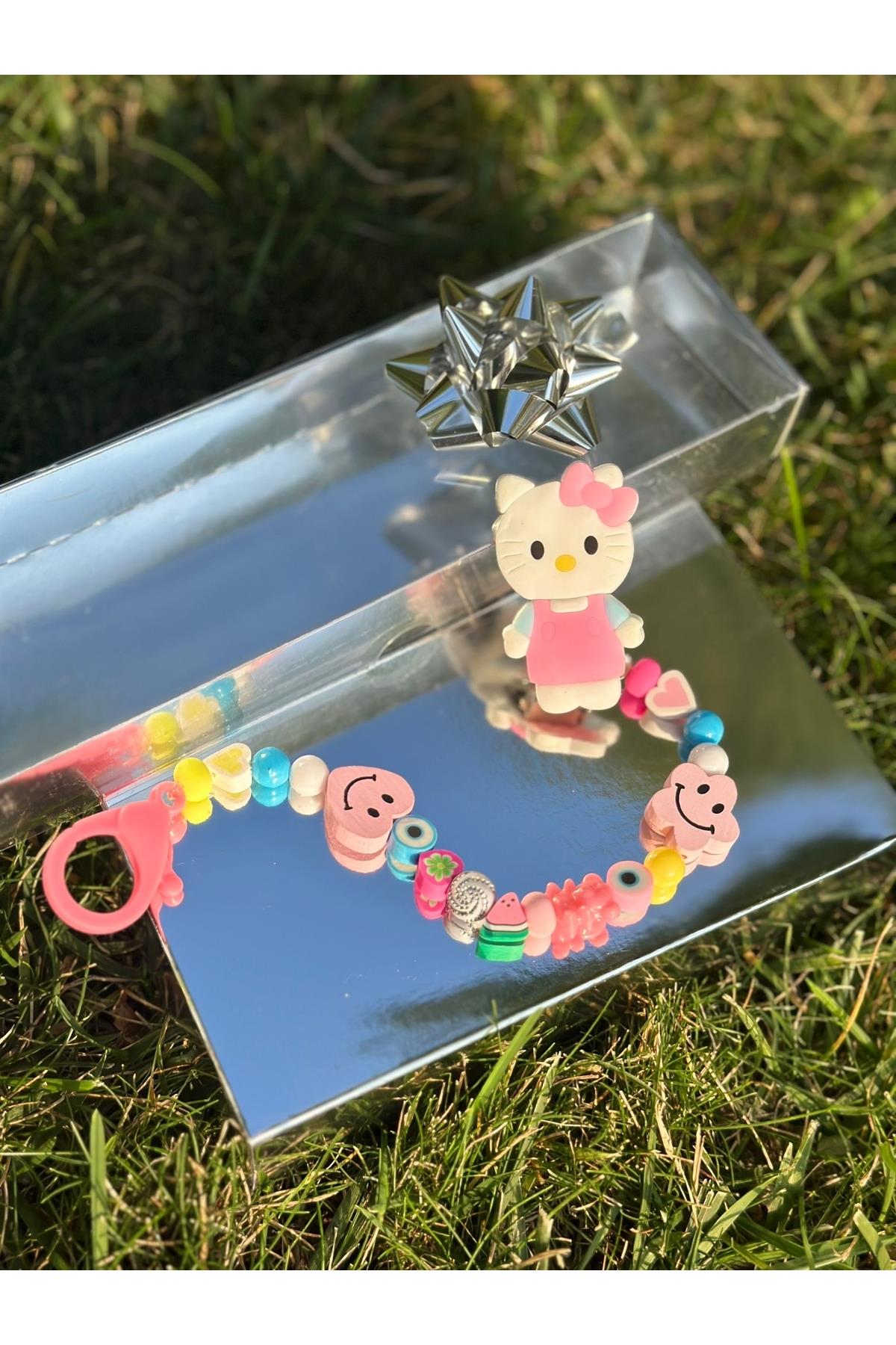 Trend Sevimli Hello Kitty Kedili Hediye Kutulu Kız Bebek Emzik Zinciri Askısı Pembe