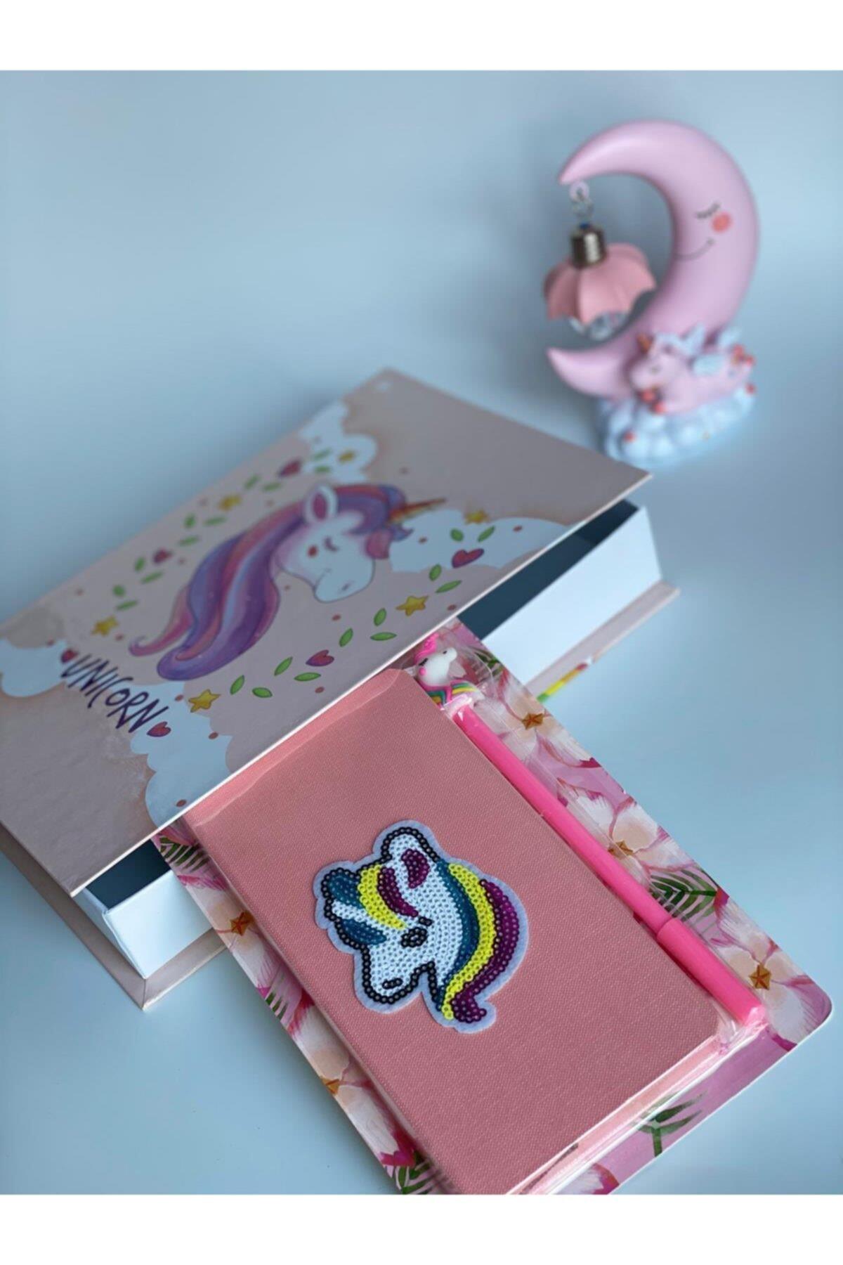 Unicorn Işıklı Pembe Gece Lambası Kitap Kutu Kalem Pullu Parlak Defter Çocuk Odası Dekor Seti