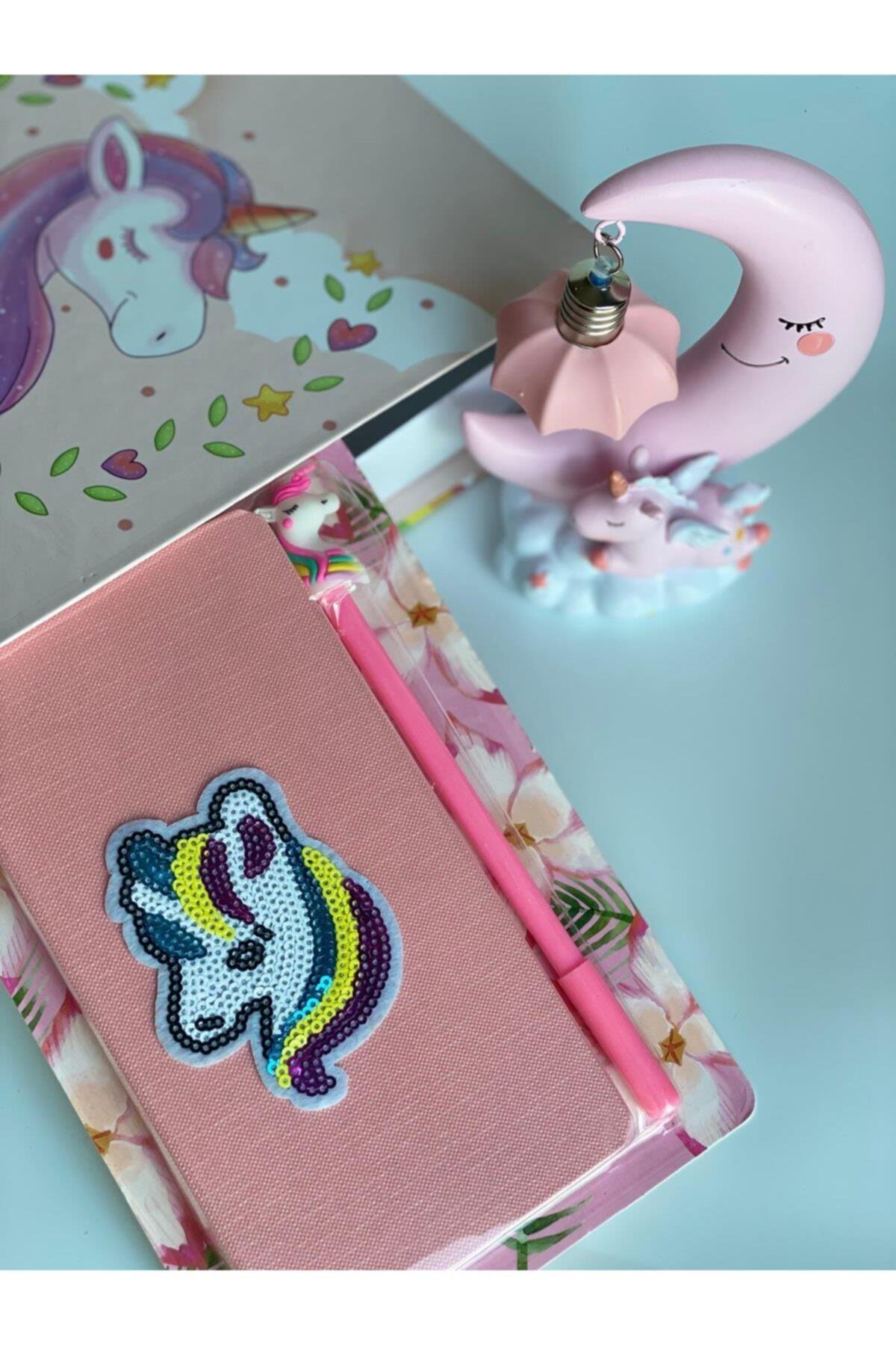 Unicorn Işıklı Pembe Gece Lambası Kitap Kutu Kalem Pullu Parlak Defter Çocuk Odası Dekor Seti