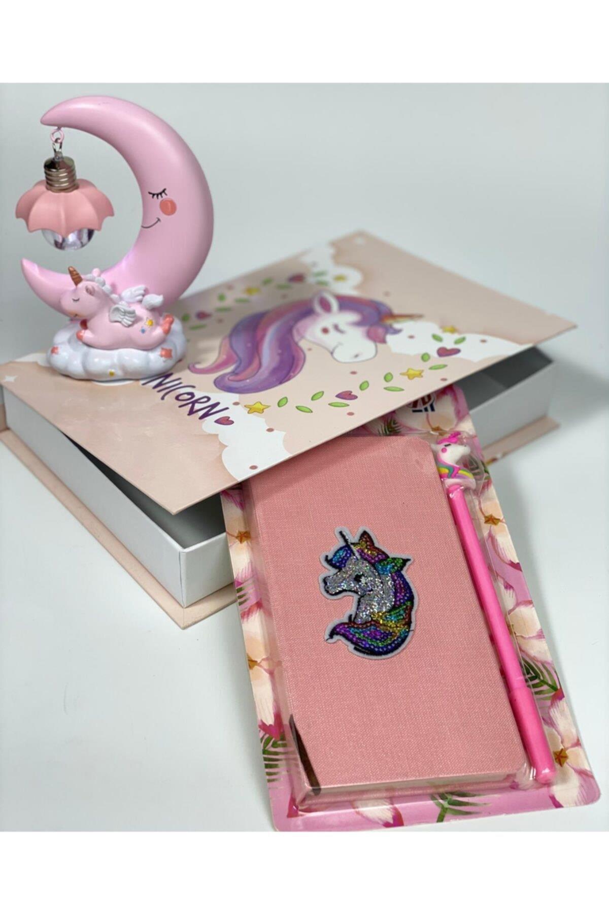Unicorn Işıklı Pembe Gece Lambası Kitap Kutu Kalem Pullu Parlak Defter Çocuk Odası Dekor Seti