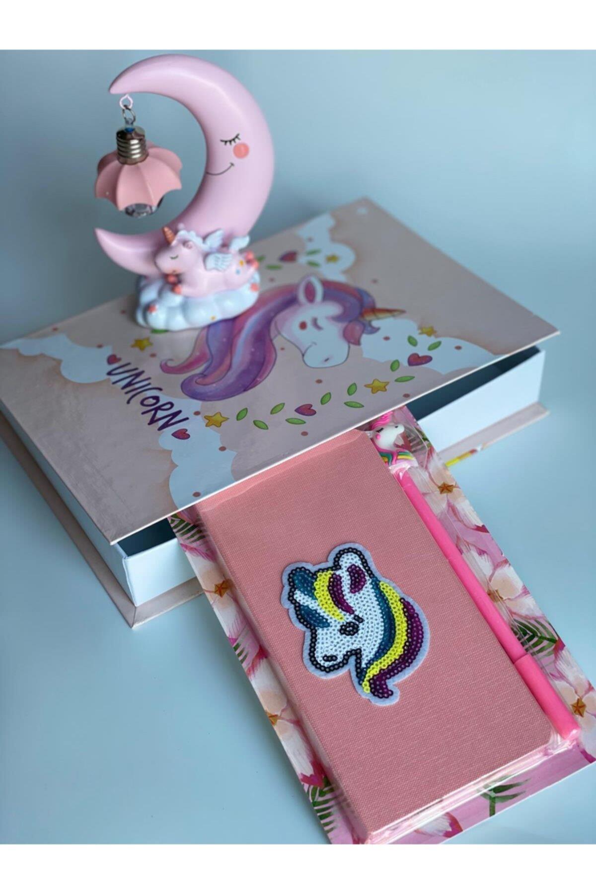 Unicorn Işıklı Pembe Gece Lambası Kitap Kutu Kalem Pullu Parlak Defter Çocuk Odası Dekor Seti