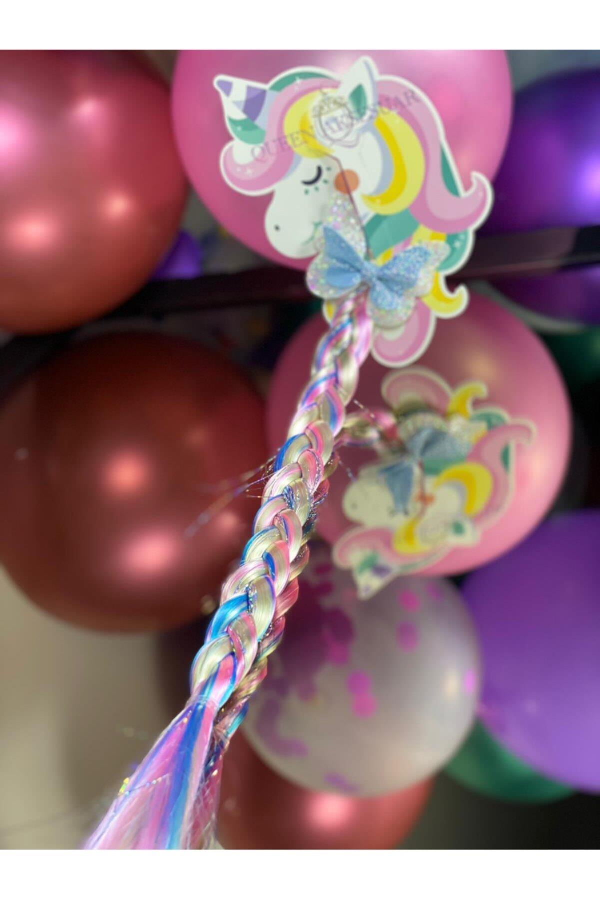 Unicorn Simli Kelebek Fiyonk Parlak Uzun Örgü Lastikli Çocuk Saç Postiş Toka