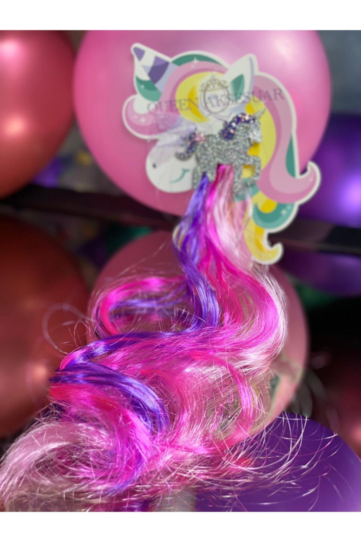 Unicorn Simli Parlak Pembe Lila Fuşya Sarkıt Çocuk Saç Postiş Toka