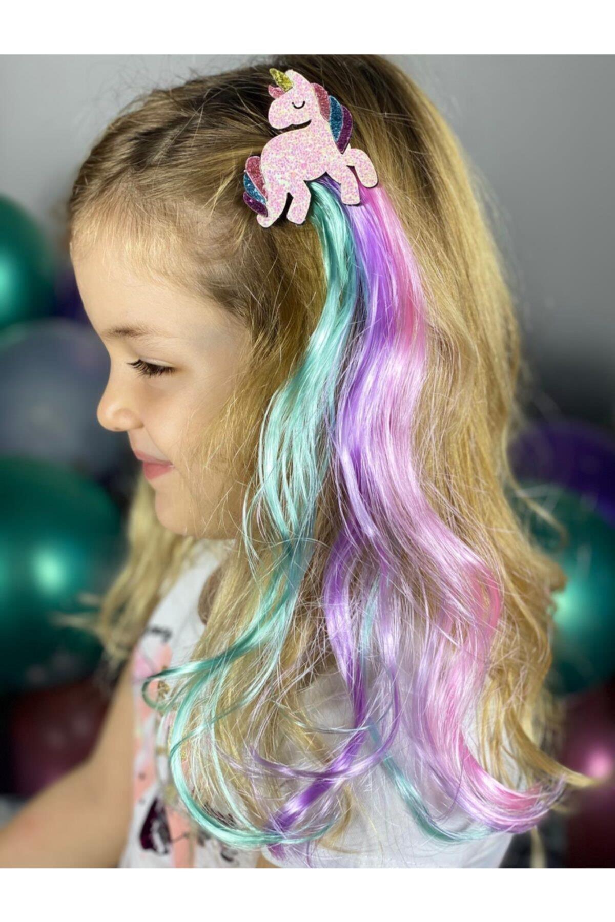 Unicorn Simli Parlak Pembe Lila Yeşil Sarkıt Çocuk Saç Postiş Toka