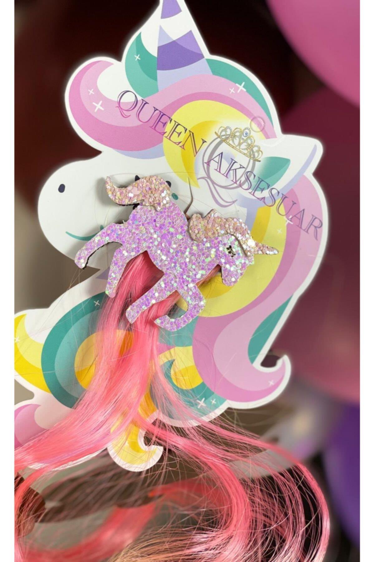 Unicorn Simli Parlak Pembe Yavruağzı Sarı Sarkıt Çocuk Saç Postiş Toka