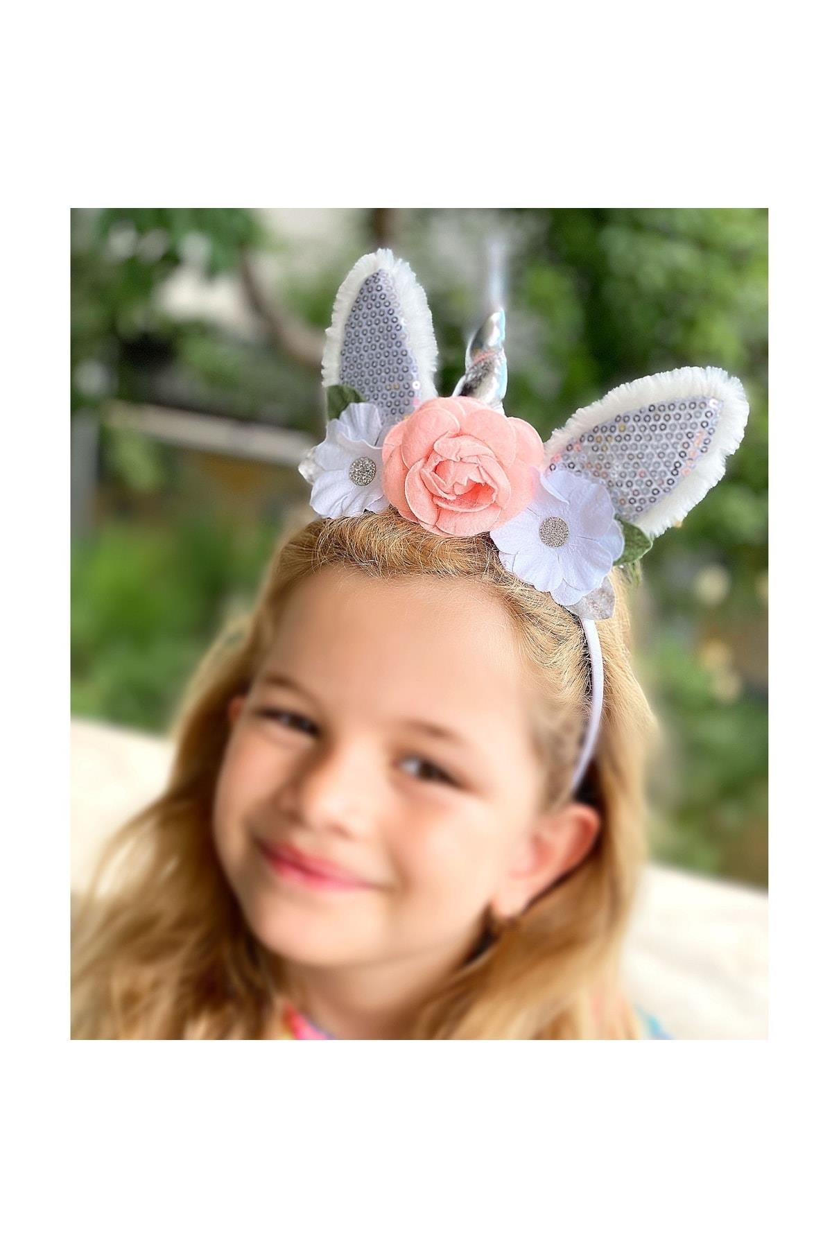 Yapay Çiçekli Simli Pullu Kulaklı Unicorn Çocuk Tacı