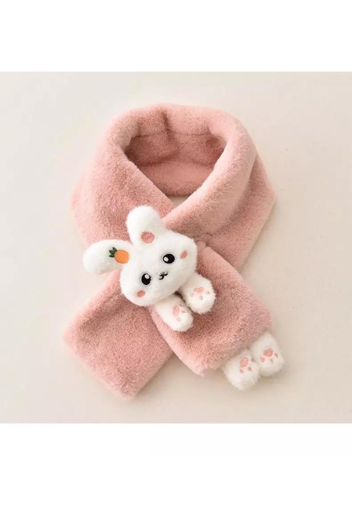 Yeni Moda Sevimli Oyuncak Tavşan 1-15 Yaş Çocuk Tüylü Peluş Kaşmir Atkı Boyunluk Koyu Pudra Pembe