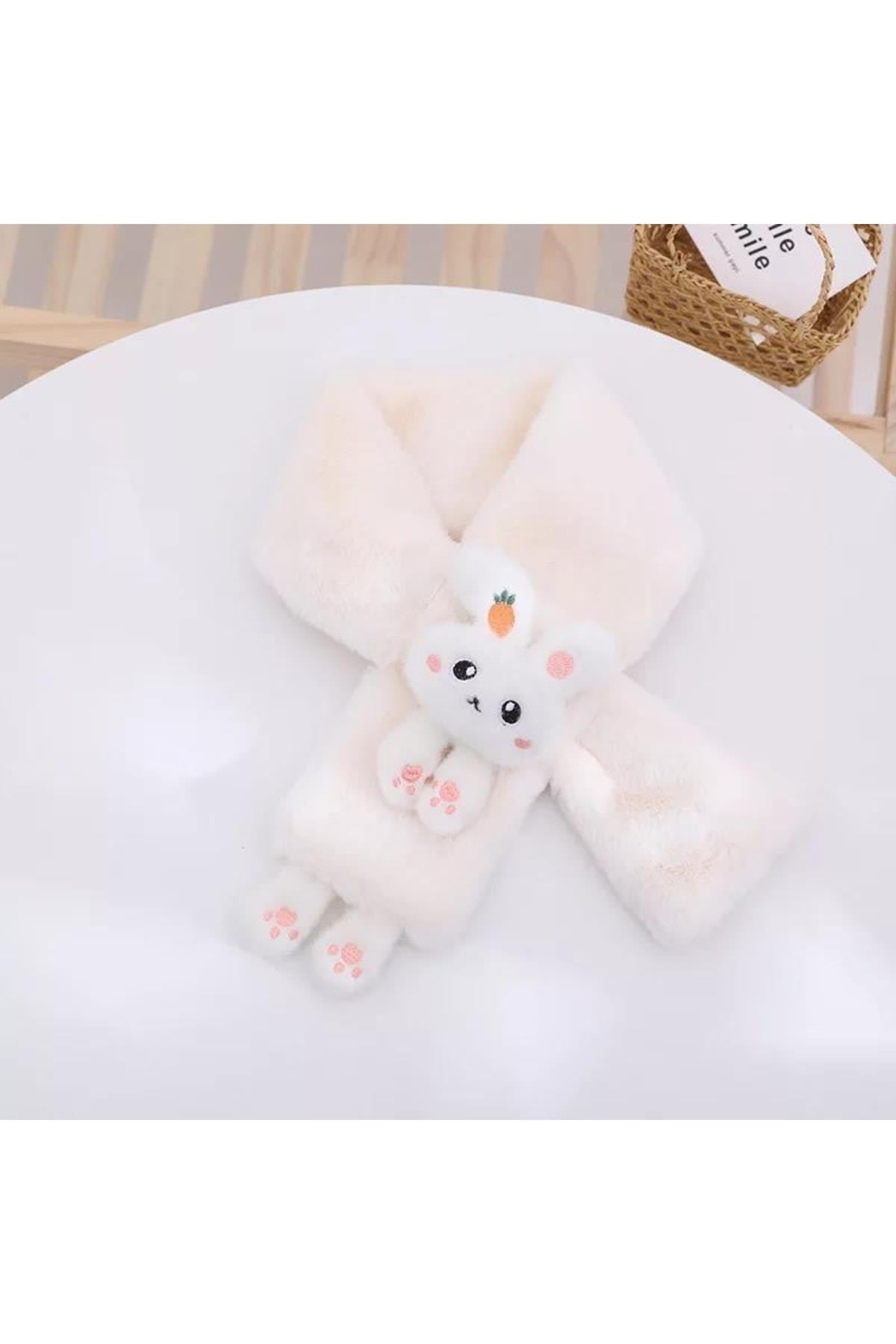 Yeni Moda Sevimli Oyuncak Tavşan 1-15 Yaş Çocuk Tüylü Peluş Kaşmir Atkı Boyunluk Beyaz