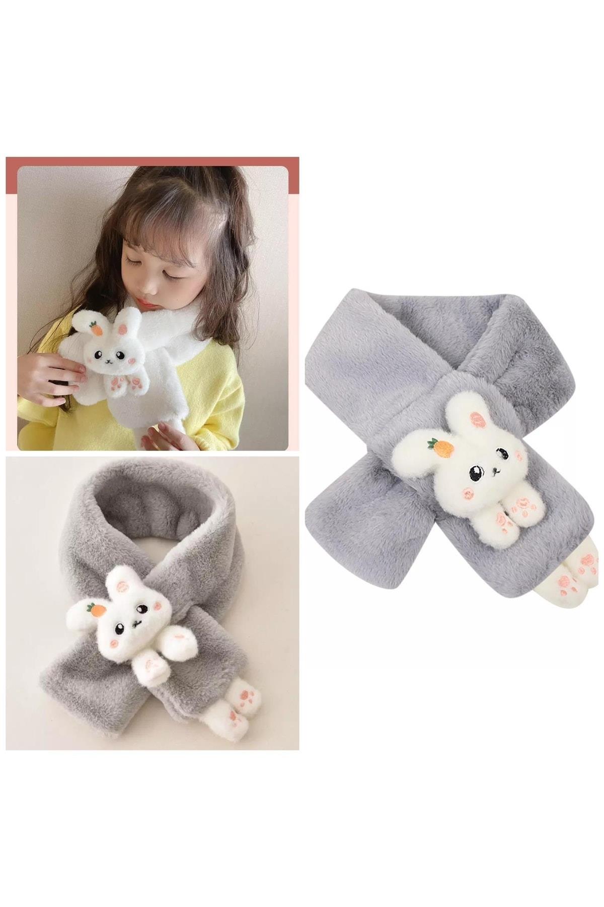 Yeni Moda Sevimli Oyuncak Tavşan Pofuduk 1-15 Yaş Çocuk Tüylü Peluş Kaşmir Atkı Boyunluk Gri