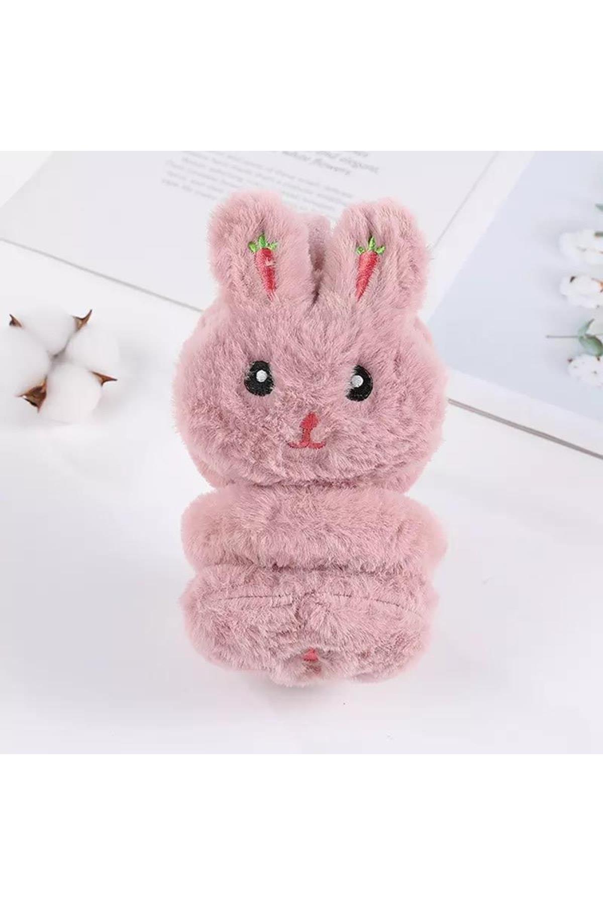 Yeni Moda Sevimli Pofuduk Tüylü Peluş Kaşmir Oyuncak Tavşan Kulaklık Çocuk Yetişkin Koyu Pembe Pudra