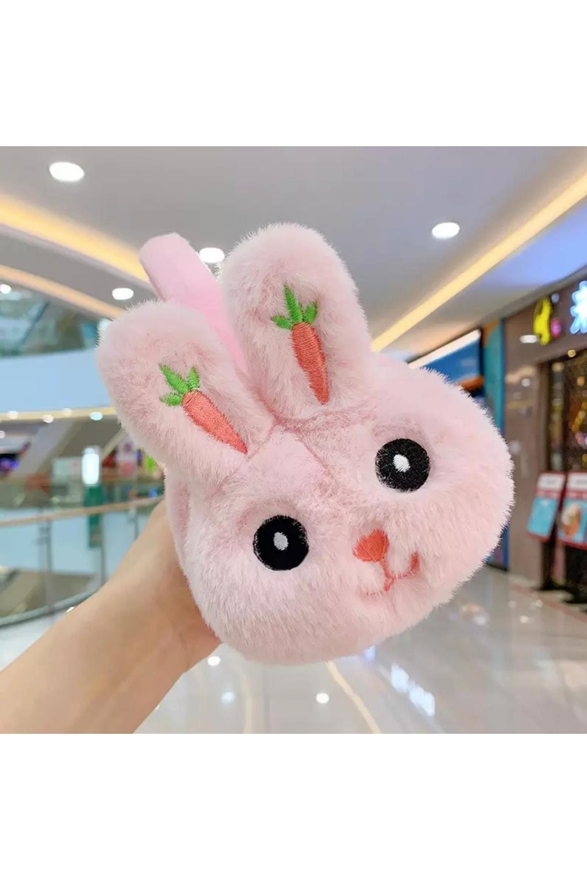 Yeni Moda Sevimli Pofuduk Tüylü Peluş Kaşmir Oyuncak Tavşan Kulaklık Çocuk Yetişkin Pembe
