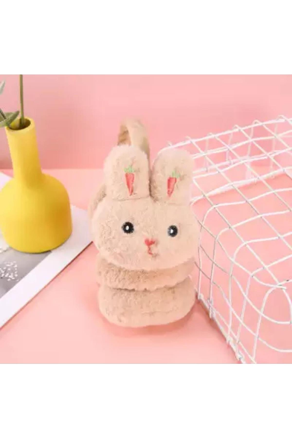 Yeni Moda Sevimli Pofuduk Tüylü Peluş Kaşmir Oyuncak Tavşan Kulaklık Çocuk Yetişkin Bej Krem