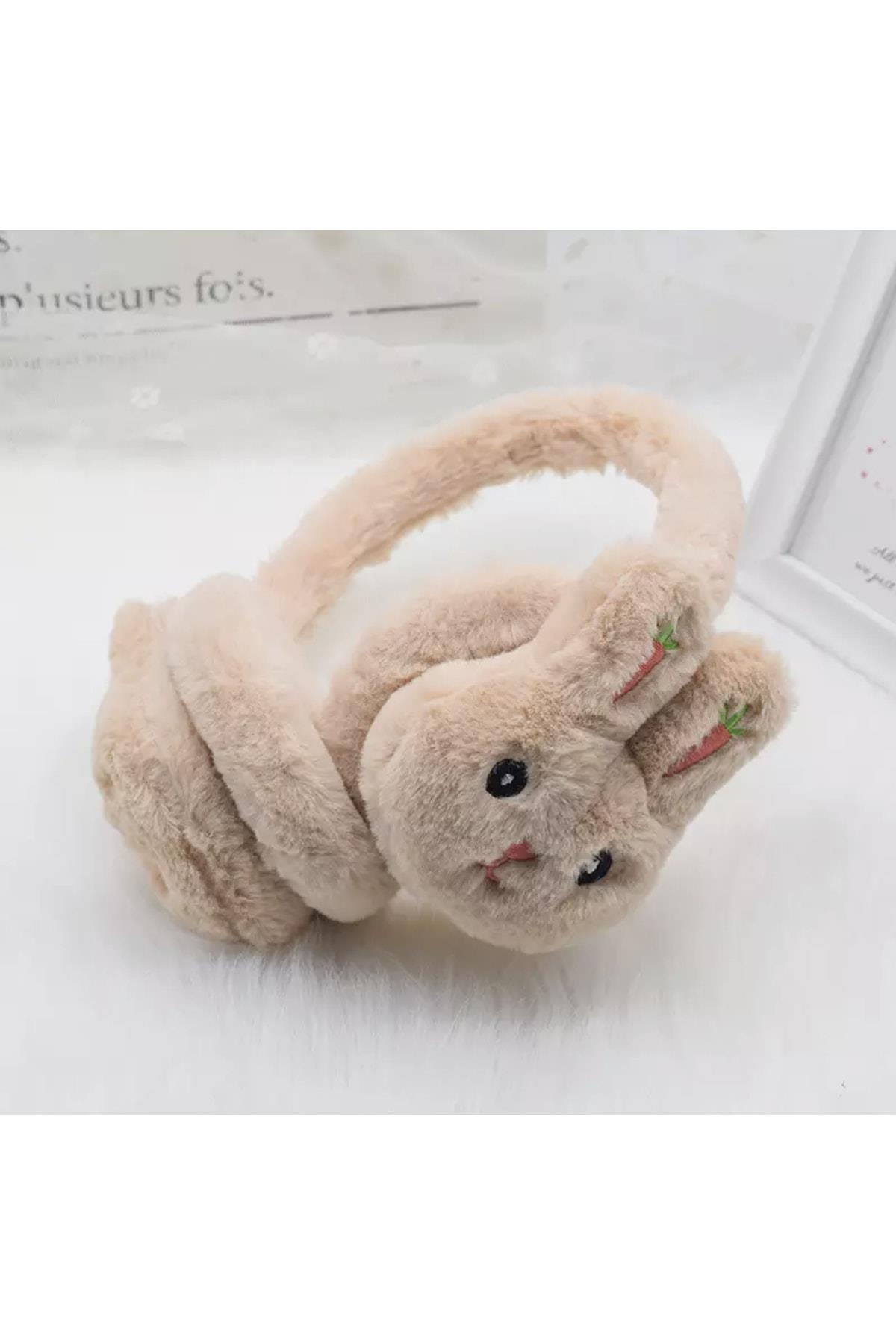 Yeni Moda Sevimli Pofuduk Tüylü Peluş Kaşmir Oyuncak Tavşan Kulaklık Çocuk Yetişkin Bej Krem