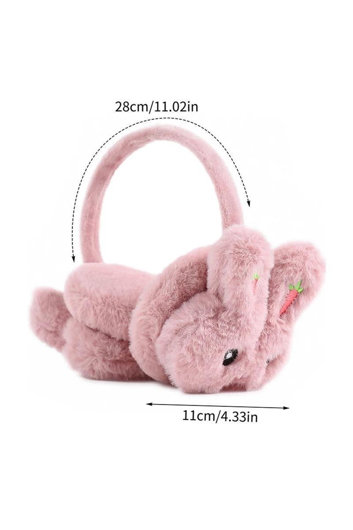 Yeni Moda Sevimli Pofuduk Tüylü Peluş Kaşmir Oyuncak Tavşan Kulaklık Çocuk Yetişkin Koyu Pembe Pudra