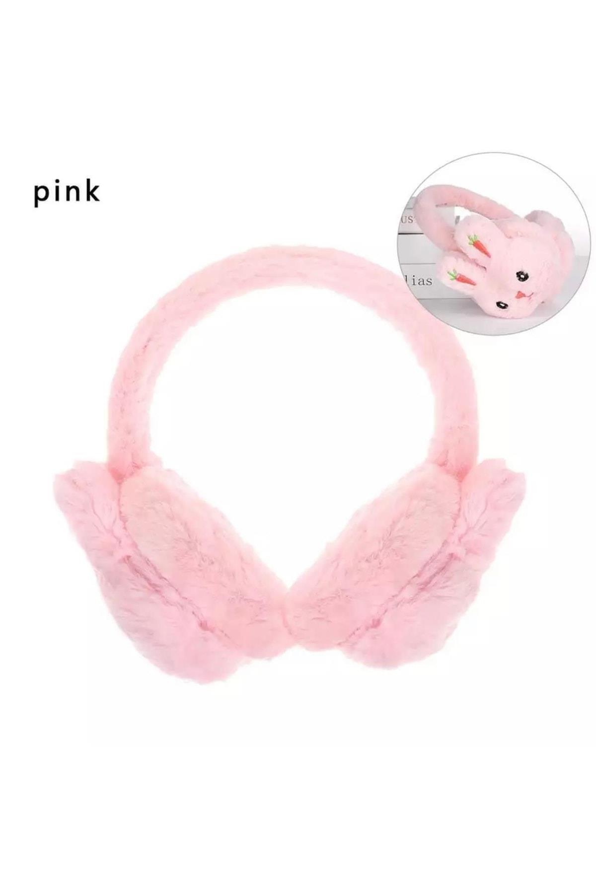 Yeni Moda Sevimli Pofuduk Tüylü Peluş Kaşmir Oyuncak Tavşan Kulaklık Çocuk Yetişkin Pembe