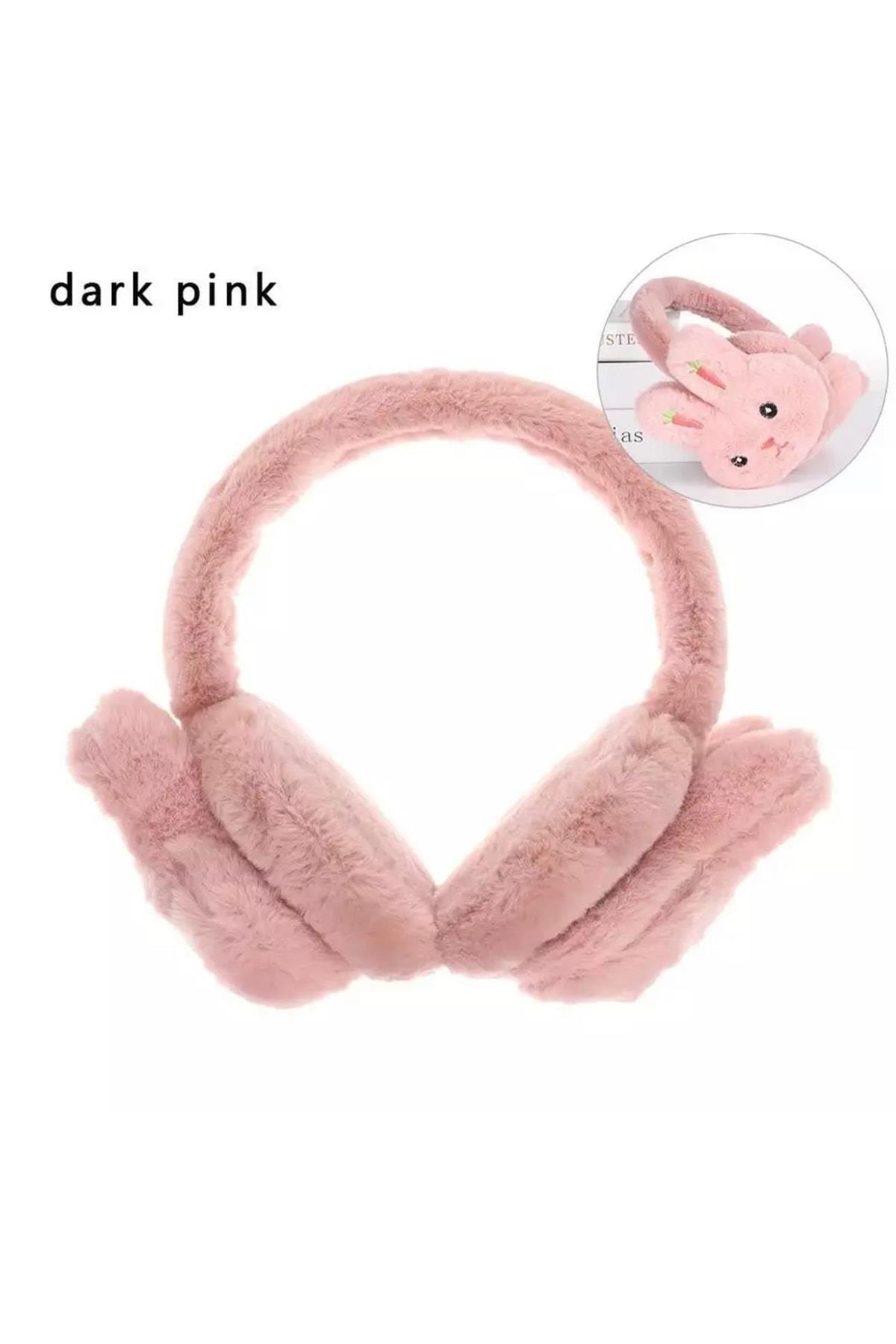 Yeni Moda Sevimli Pofuduk Tüylü Peluş Kaşmir Oyuncak Tavşan Kulaklık Çocuk Yetişkin Koyu Pembe Pudra