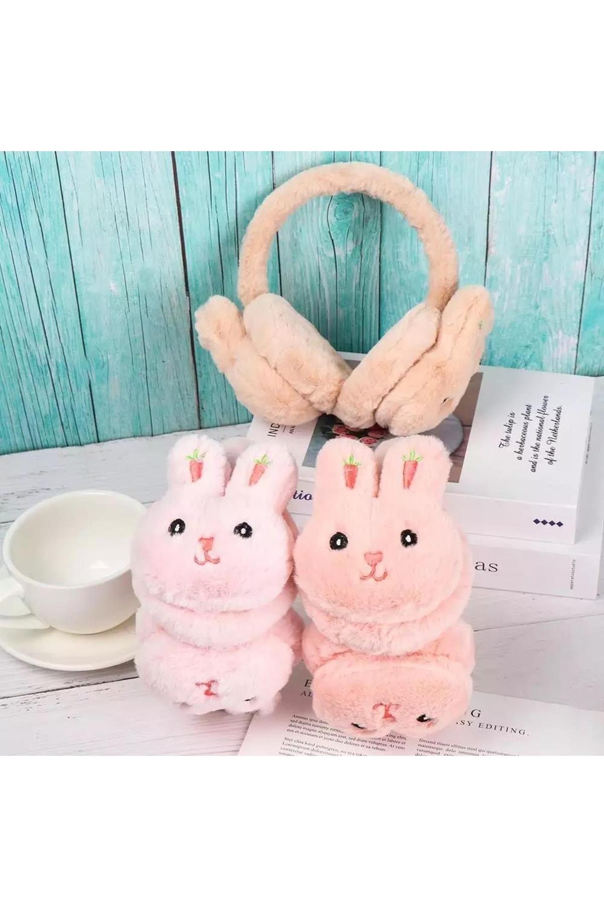 Yeni Moda Sevimli Pofuduk Tüylü Peluş Kaşmir Oyuncak Tavşan Kulaklık Çocuk Yetişkin Pembe
