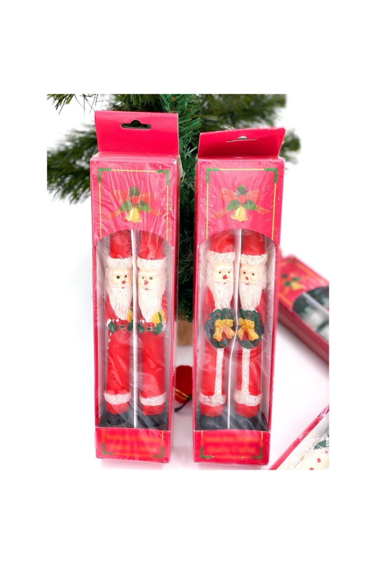 Yeni Yıl Yılbaşı Christmas Masa Sofra Dekorasyon Süsü Noel Baba 2li Mum Seti Kırmızı