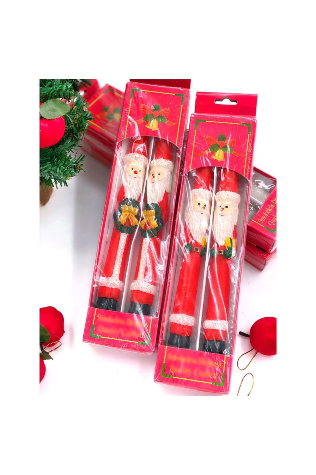 Yeni Yıl Yılbaşı Christmas Masa Sofra Dekorasyon Süsü Noel Baba 2li Mum Seti Kırmızı