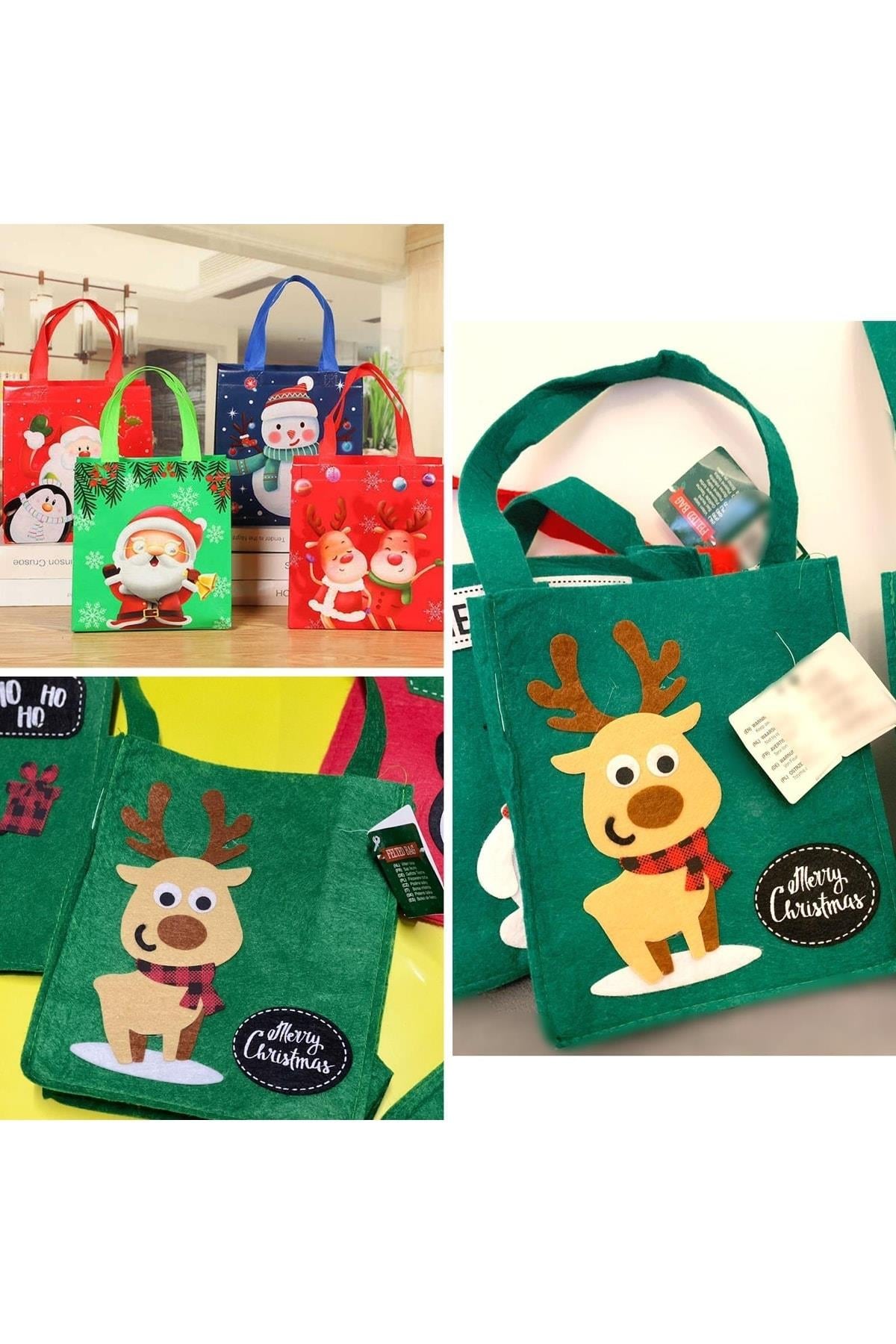 Yeni Yıl Yılbaşı Özel Ithal Sevimli Noel Geyik Desenli Saplı Çanta Hediye Çantası 20cm