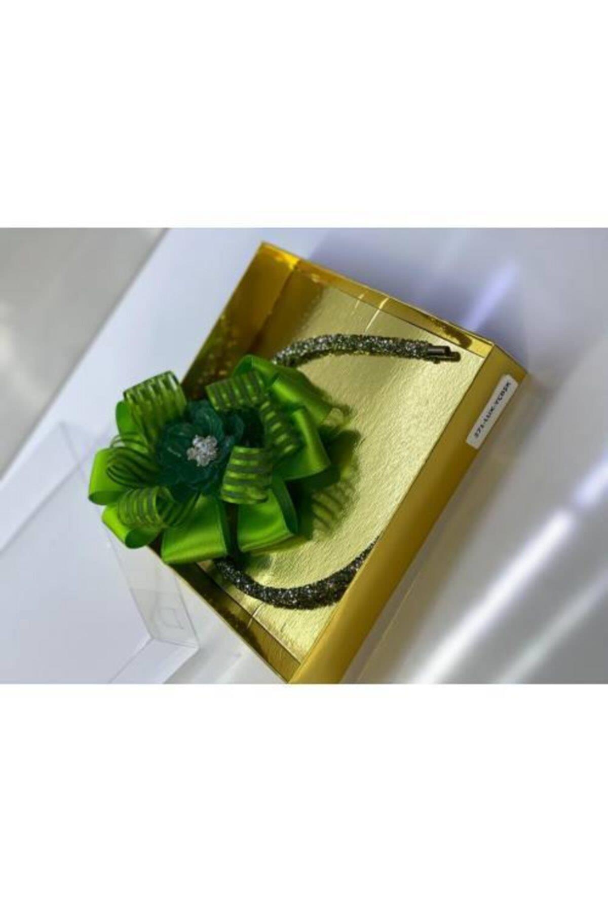 Yeşil Çiçek Broşlu Şerit Kurdele Luxury Anne Kız Çocuk Hediye Kına Düğün Tak Çıkar Taç