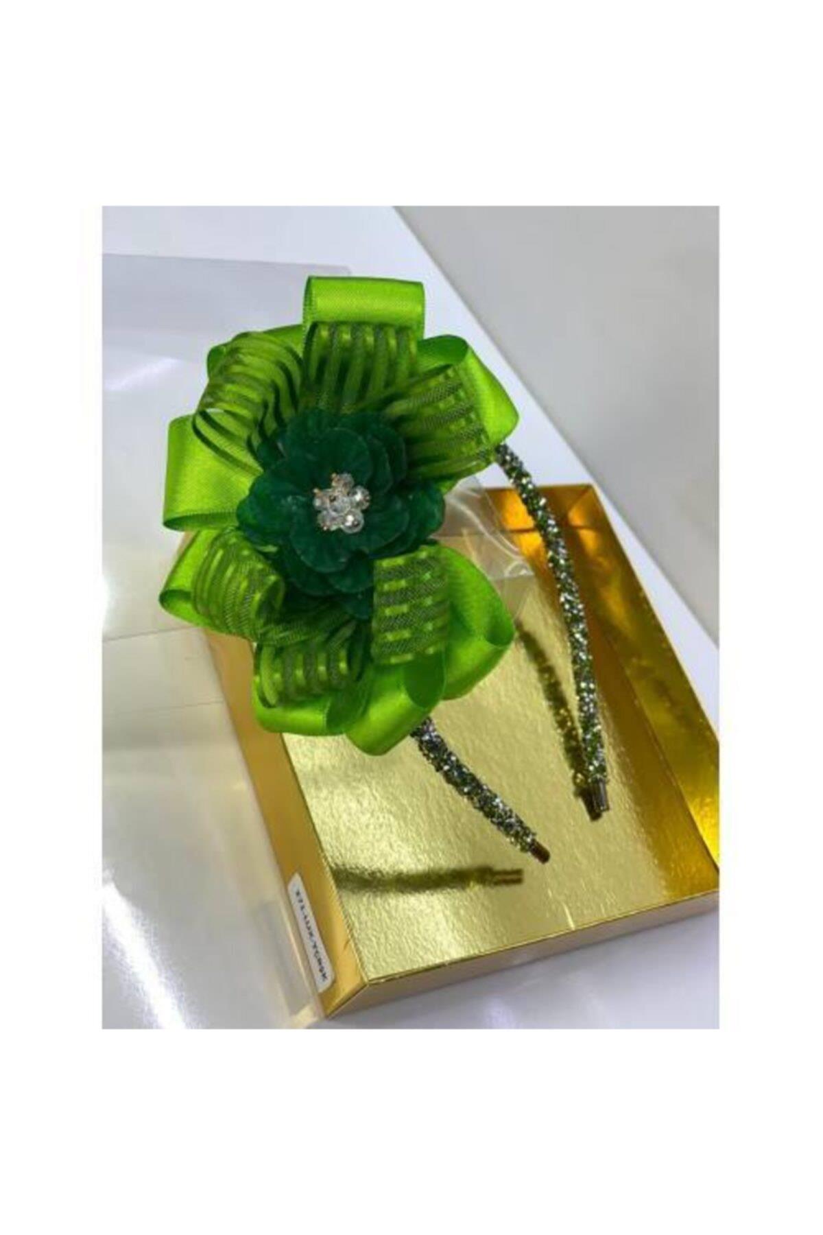 Yeşil Çiçek Broşlu Şerit Kurdele Luxury Anne Kız Çocuk Hediye Kına Düğün Tak Çıkar Taç