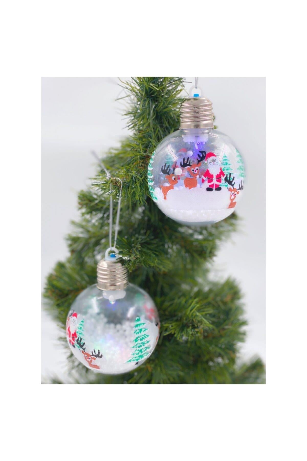 Yılbaşı Noel Baba Geyikli Kar Taneli Işıklı Lüks Koleksiyonluk Fanus Çam Ağacı Top Süs Dekor Tekli