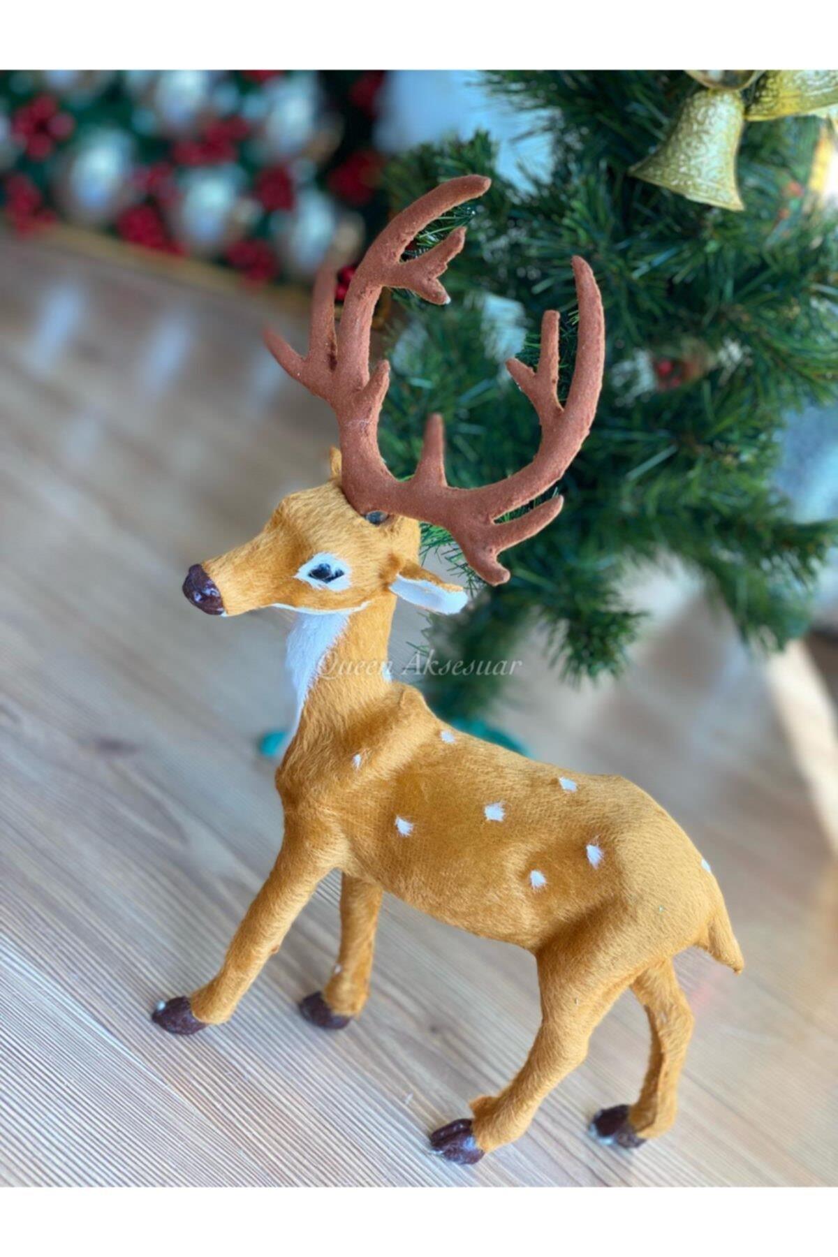 Yılbaşı Özel Gerçek Geyik Görünümlü Tüylü Geyik Dekorasyon Süs Noel Baba Geyiği 30 Cm