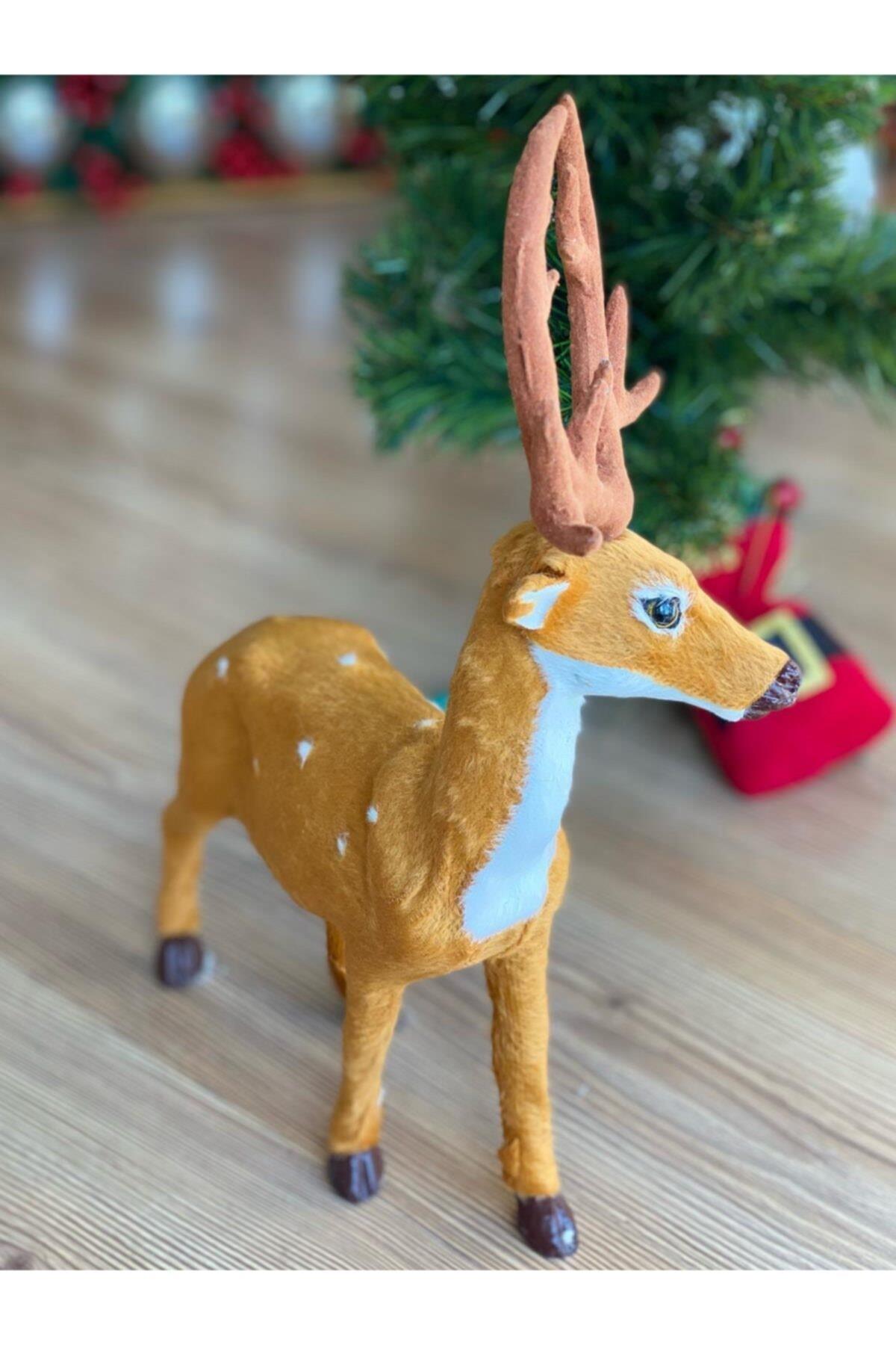 Yılbaşı Özel Gerçek Geyik Görünümlü Tüylü Geyik Dekorasyon Süs Noel Baba Geyiği 30 Cm