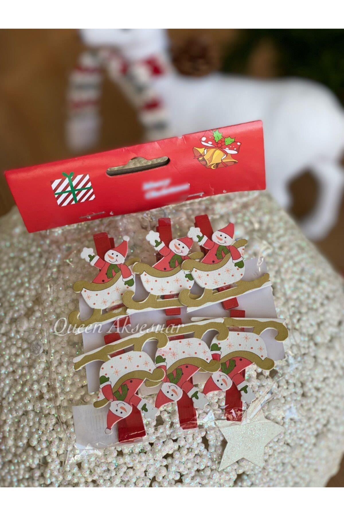 Yılbaşı Özel Sofra Hediye Paketi Süs Dekorasyon Kızak Kardan Adam 6lı Mandal Seti Christmas